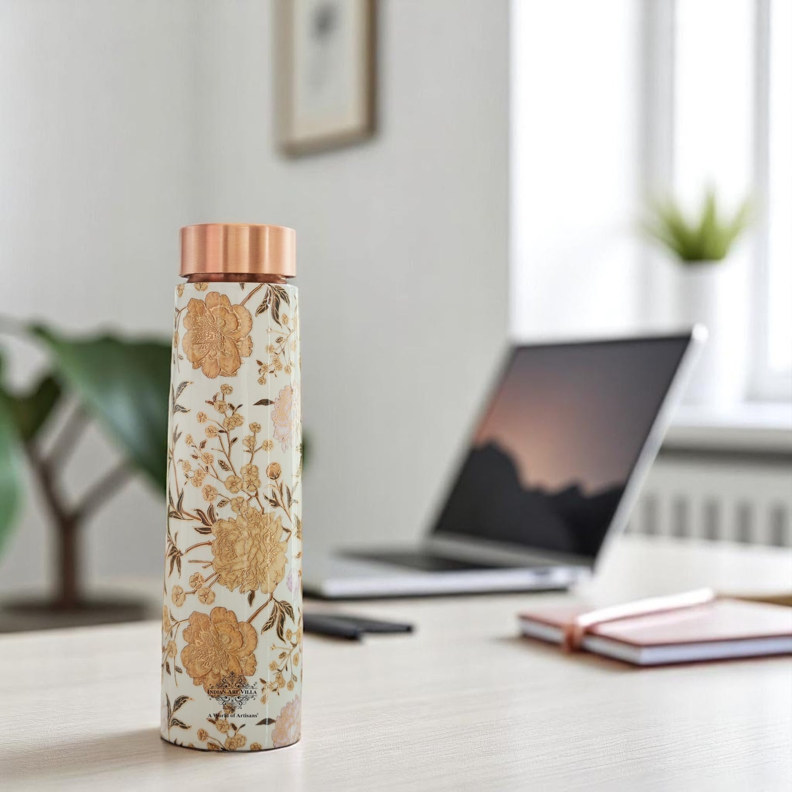 Pure Copper Water Bottle with Pyramid Shape Gold Print Design, 800 ML