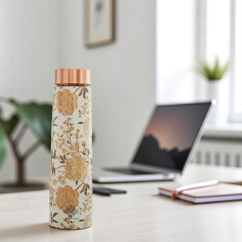 Pure Copper Water Bottle with Pyramid Shape Gold Print Design, 800 ML