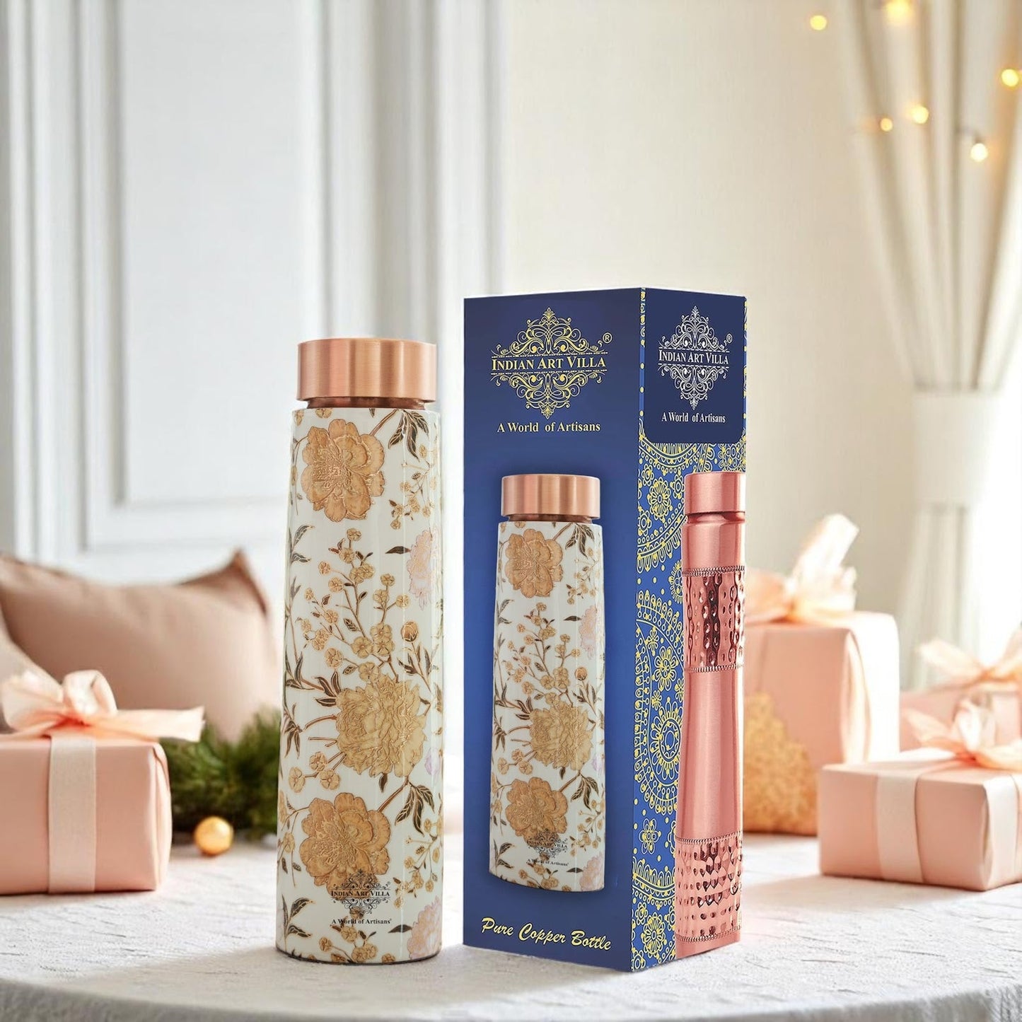 Pure Copper Water Bottle with Pyramid Shape Gold Print Design, 800 ML