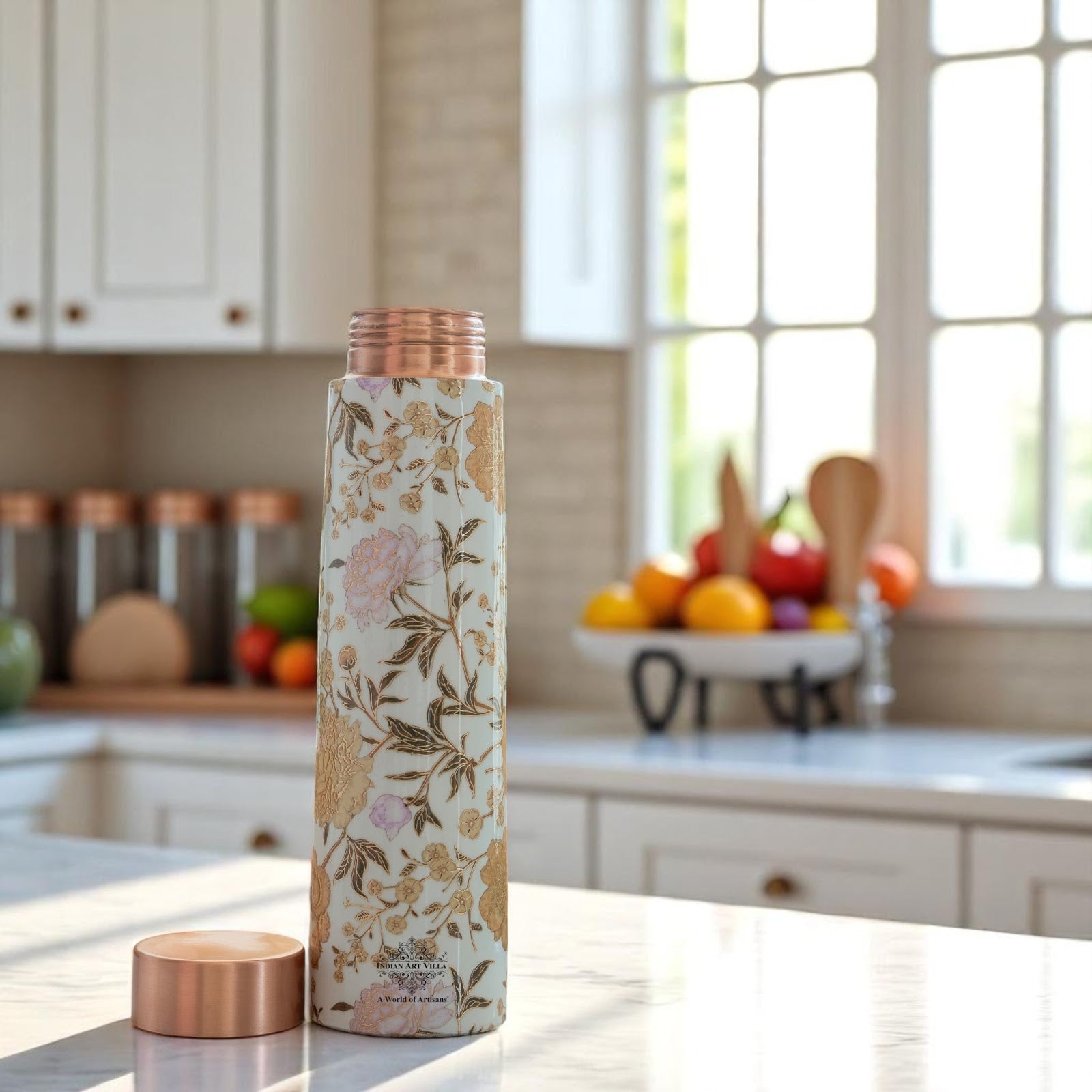 Pure Copper Water Bottle with Pyramid Shape Gold Print Design, 800 ML