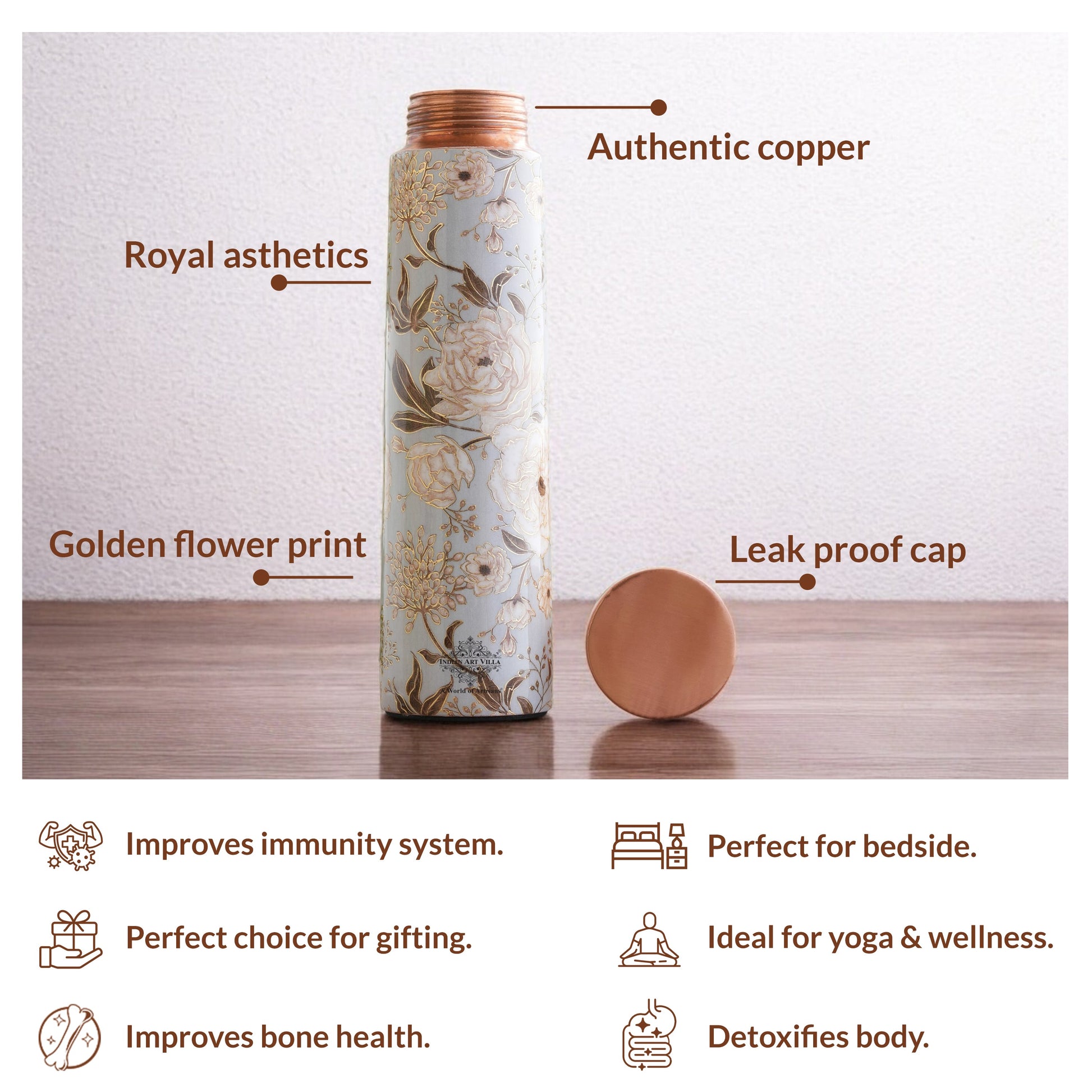 Pure Copper Water Bottle with Pyramid Shape Gold Print Design, 800 ML