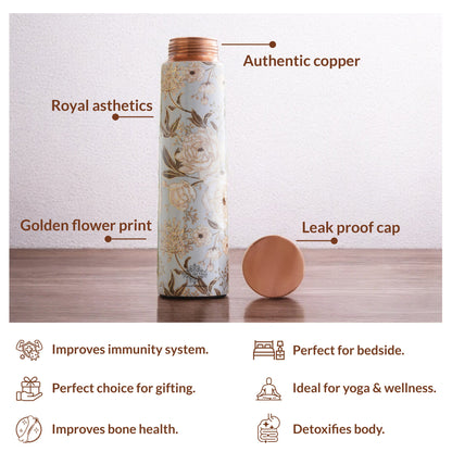 Pure Copper Water Bottle with Pyramid Shape Gold Print Design, 800 ML