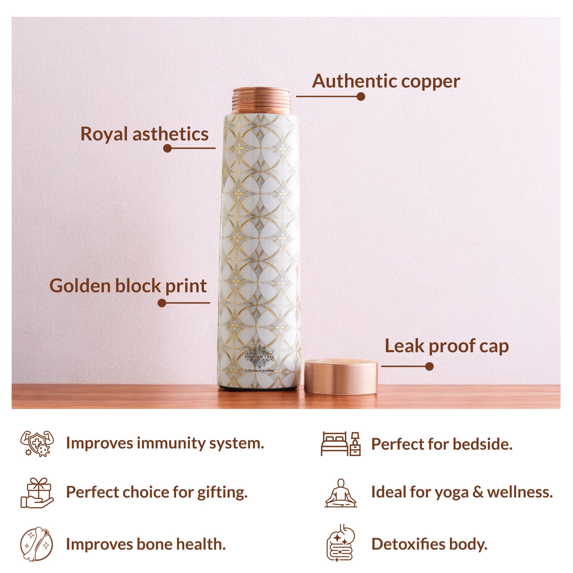 Pure Copper Water Bottle with Pyramid Shape Gold Print Design, 800 ML