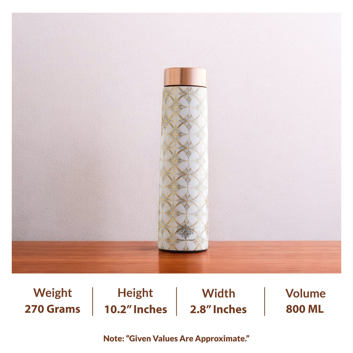 Pure Copper Water Bottle with Pyramid Shape Gold Print Design, 800 ML