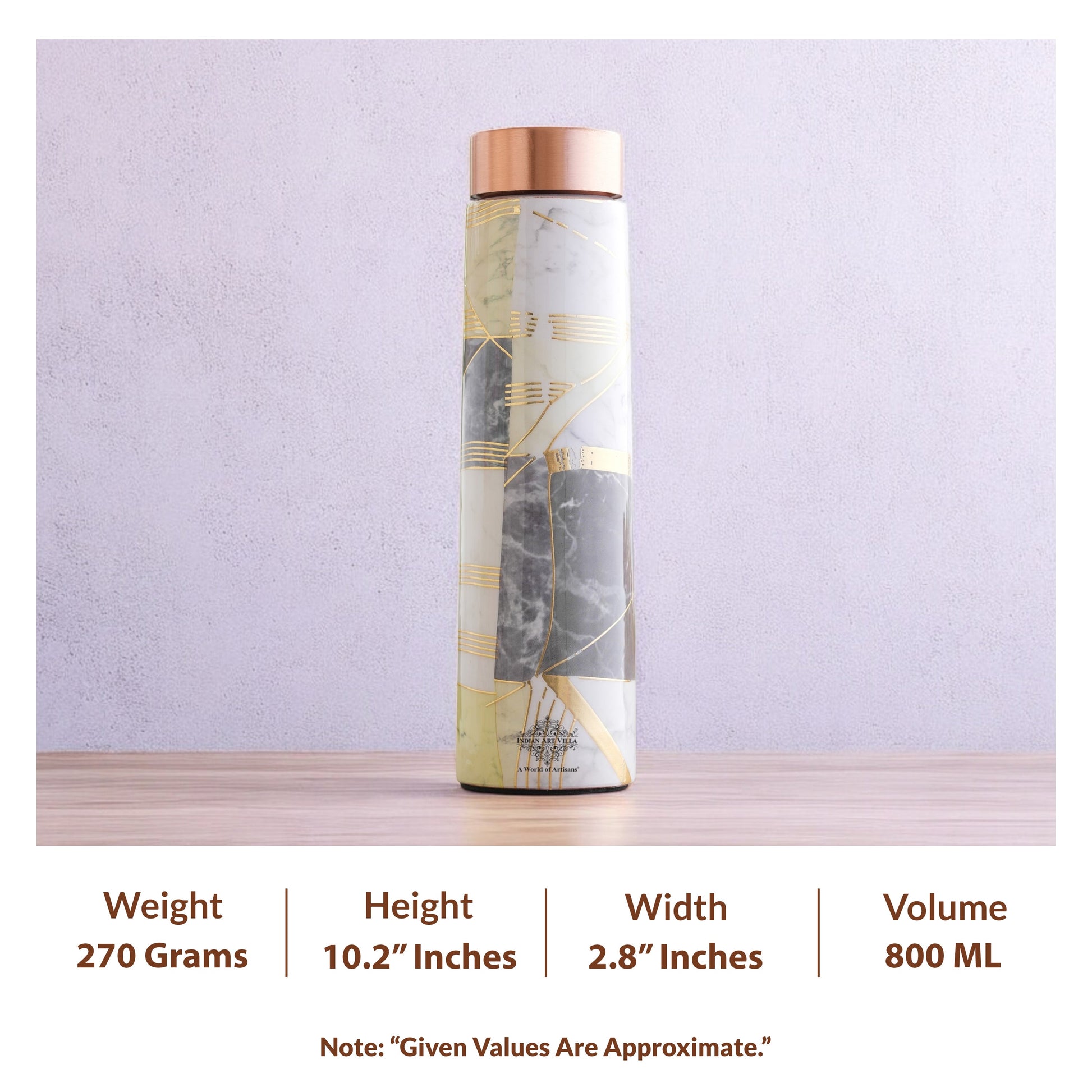 Pure Copper Water Bottle with Pyramid Shape Gold Print Design, 800 ML
