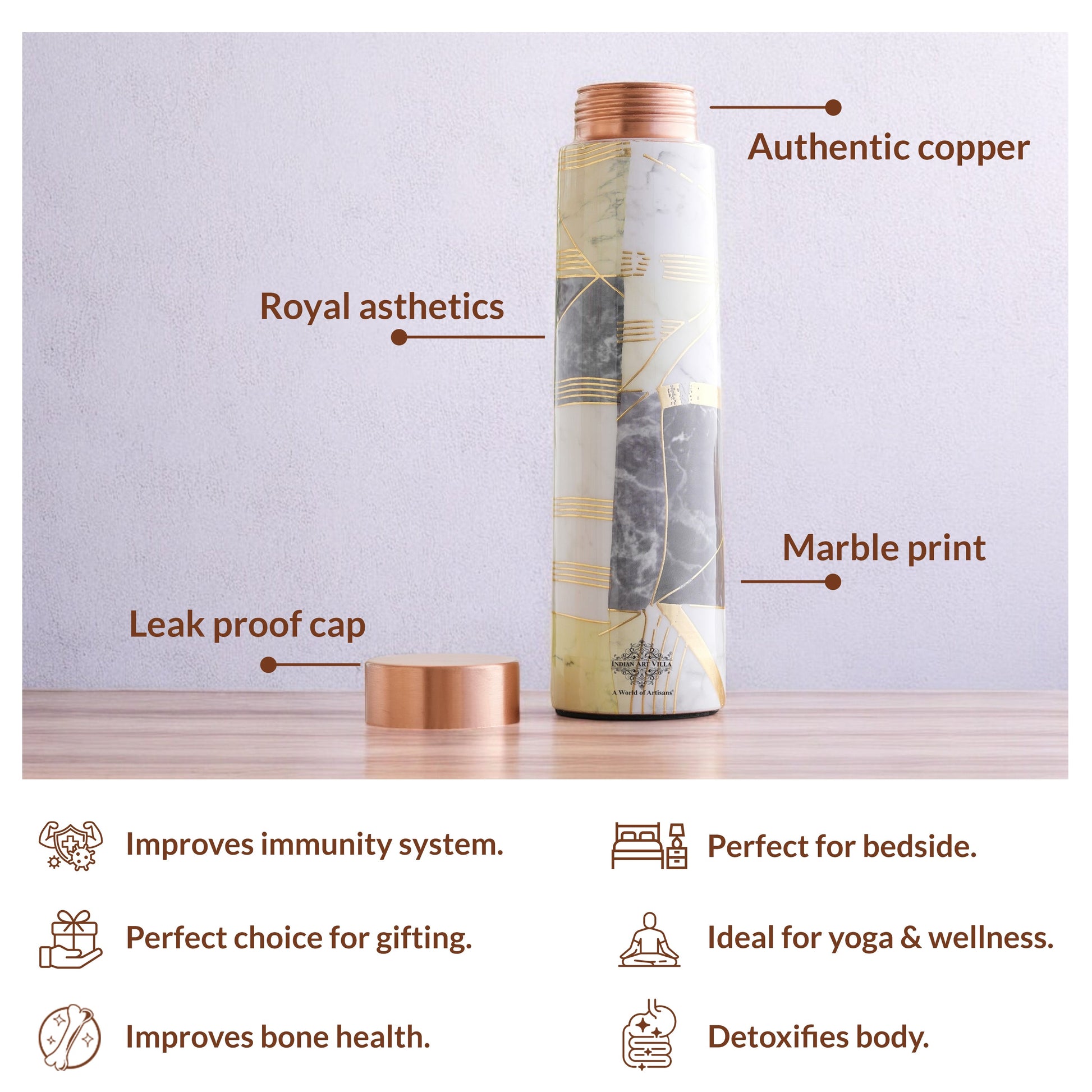 Pure Copper Water Bottle with Pyramid Shape Gold Print Design, 800 ML