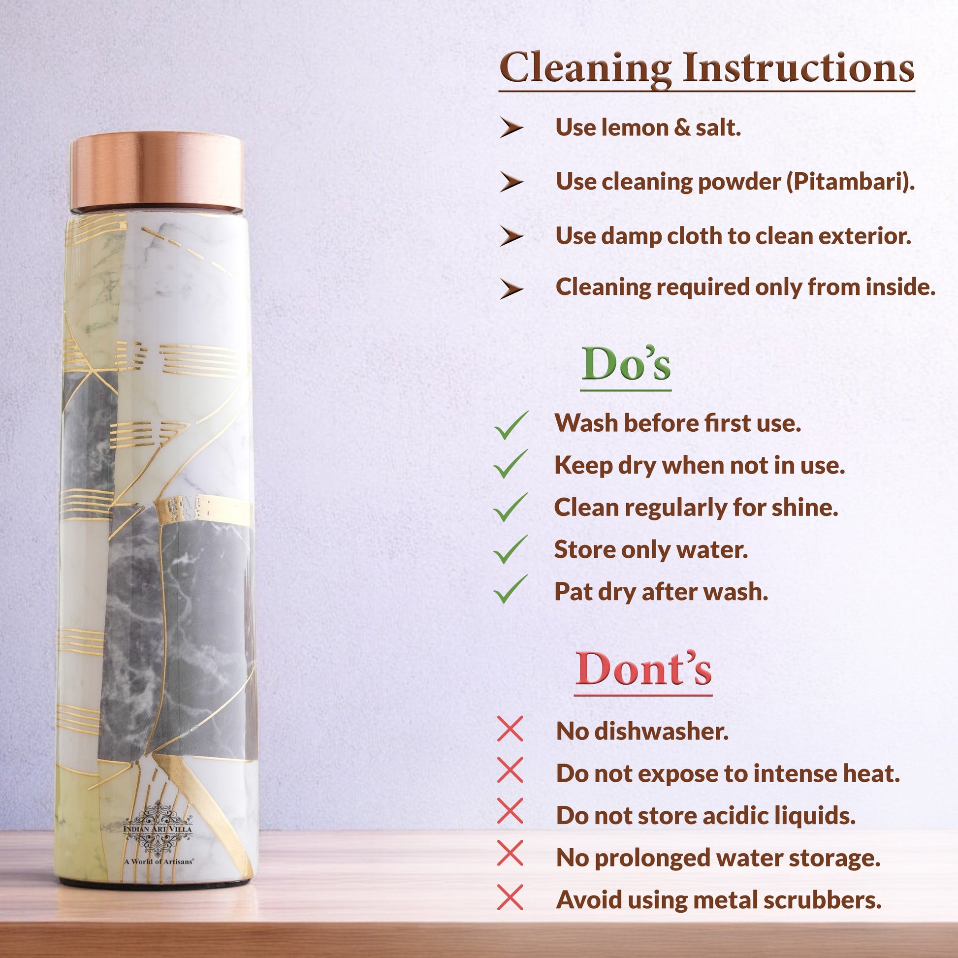 Pure Copper Water Bottle with Pyramid Shape Gold Print Design, 800 ML