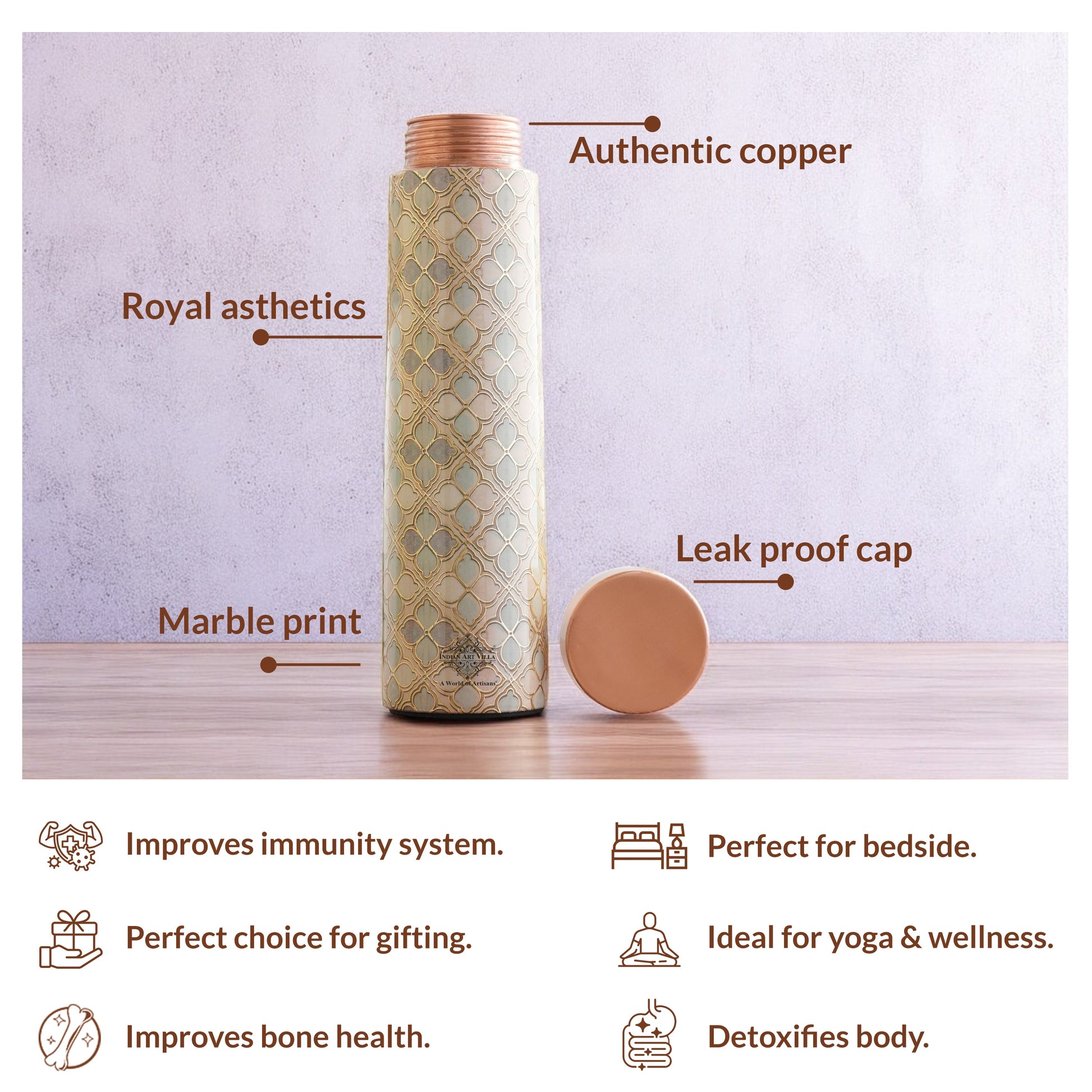 Pure Copper Water Bottle with Pyramid Shape Gold Print Design, 800 ML