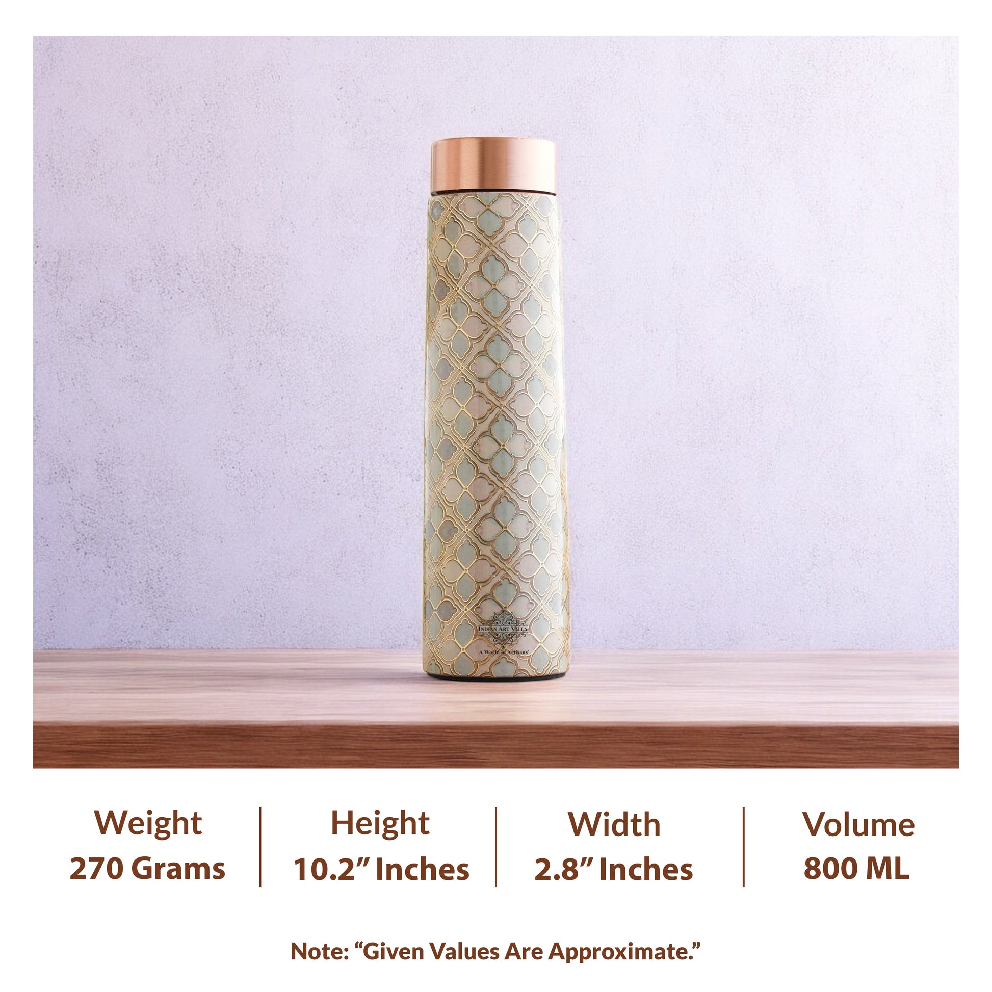 Pure Copper Water Bottle with Pyramid Shape Gold Print Design, 800 ML