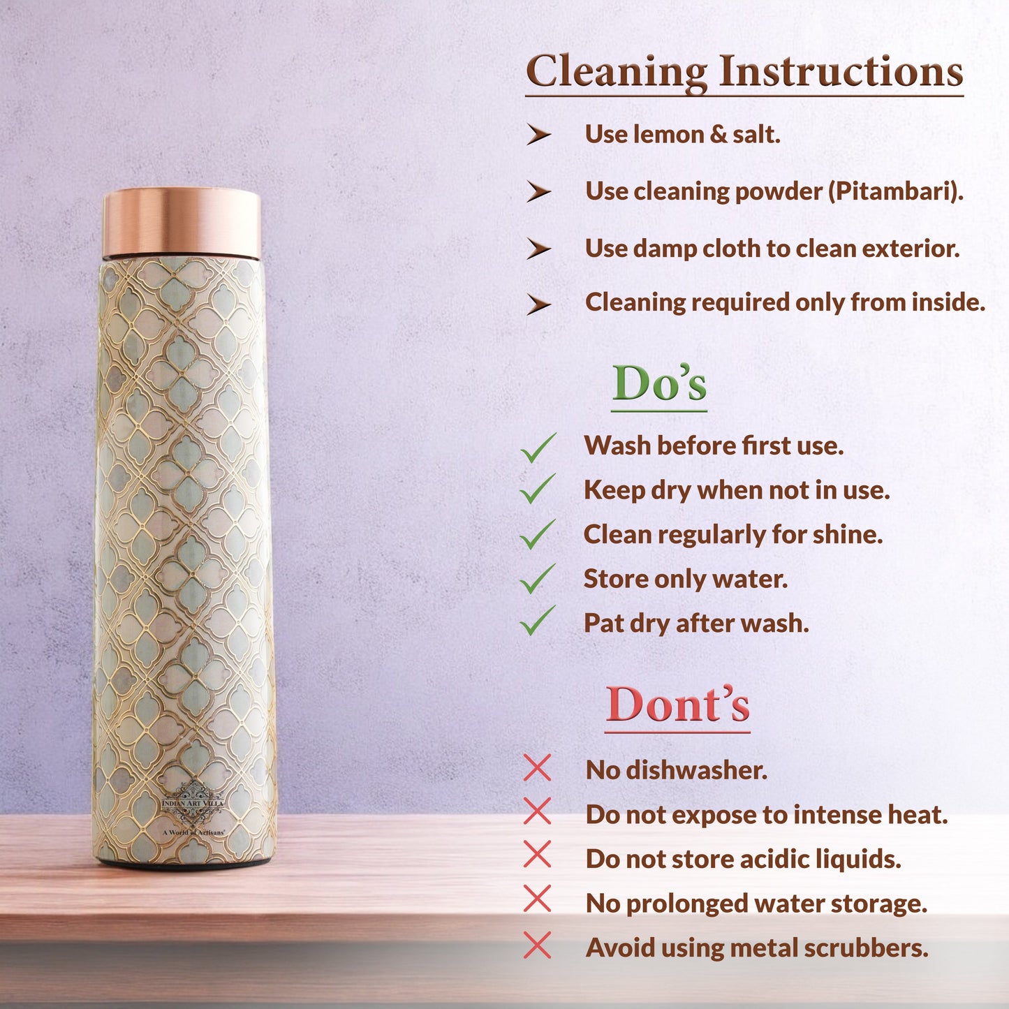 Pure Copper Water Bottle with Pyramid Shape Gold Print Design, 800 ML