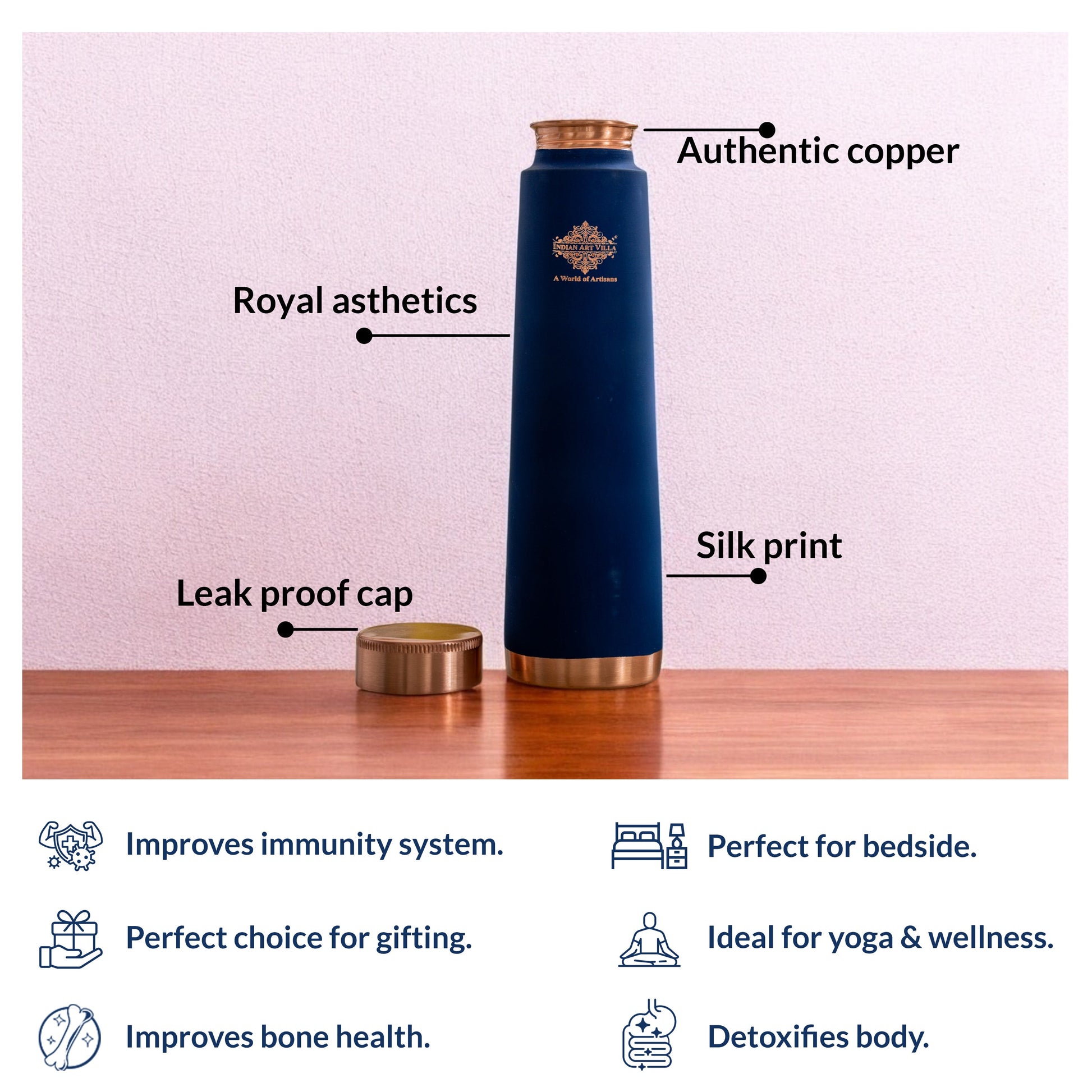 Pure Copper Bottle with Pyramid Shape Silk Finish Design – 800 ML