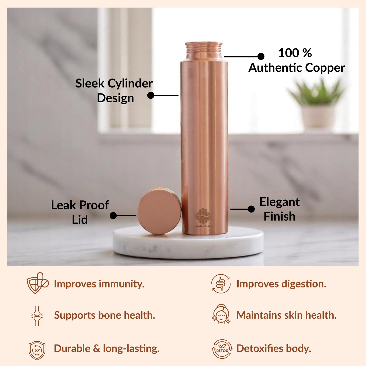 Pure Copper Bottle with Lacquer Coated Finish and Straight Shape