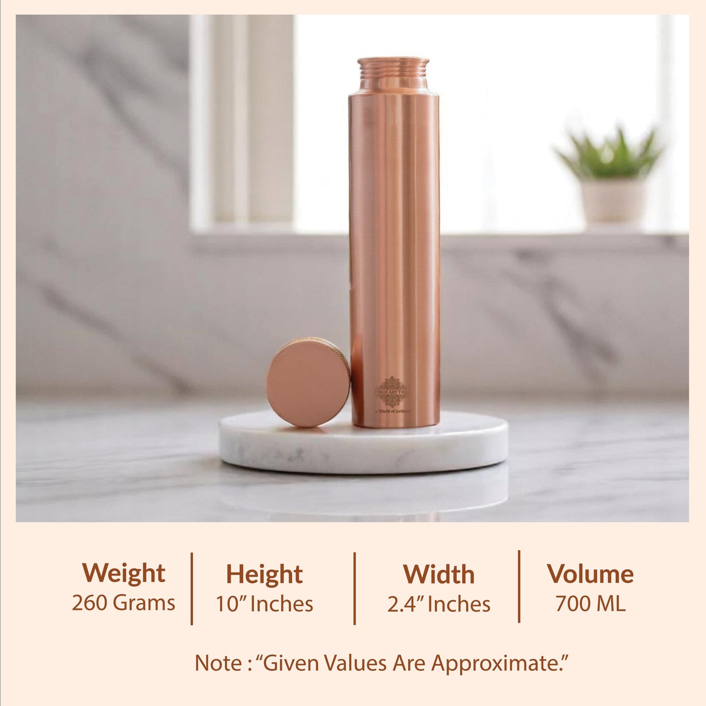Pure Copper Bottle with Lacquer Coated Finish and Straight Shape