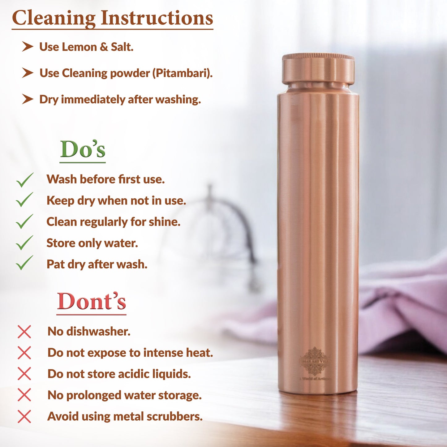 Pure Copper Bottle with Lacquer Coated Finish and Straight Shape