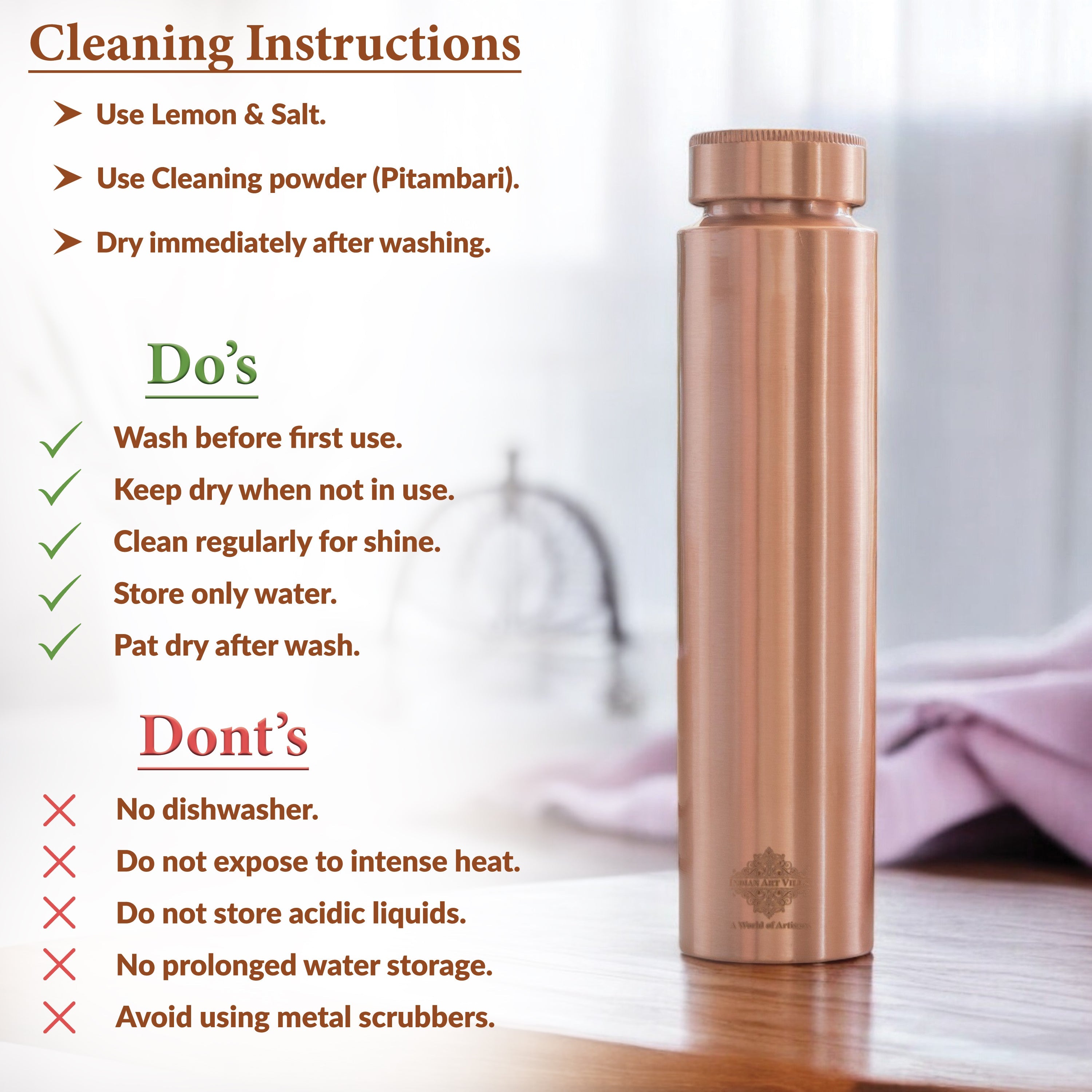 Pure Copper Bottle with Lacquer Coated Finish and Straight Shape