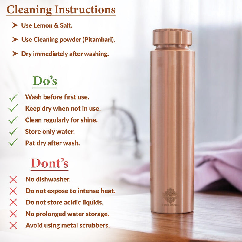 Pure Copper Bottle with Lacquer Coated Finish and Straight Shape