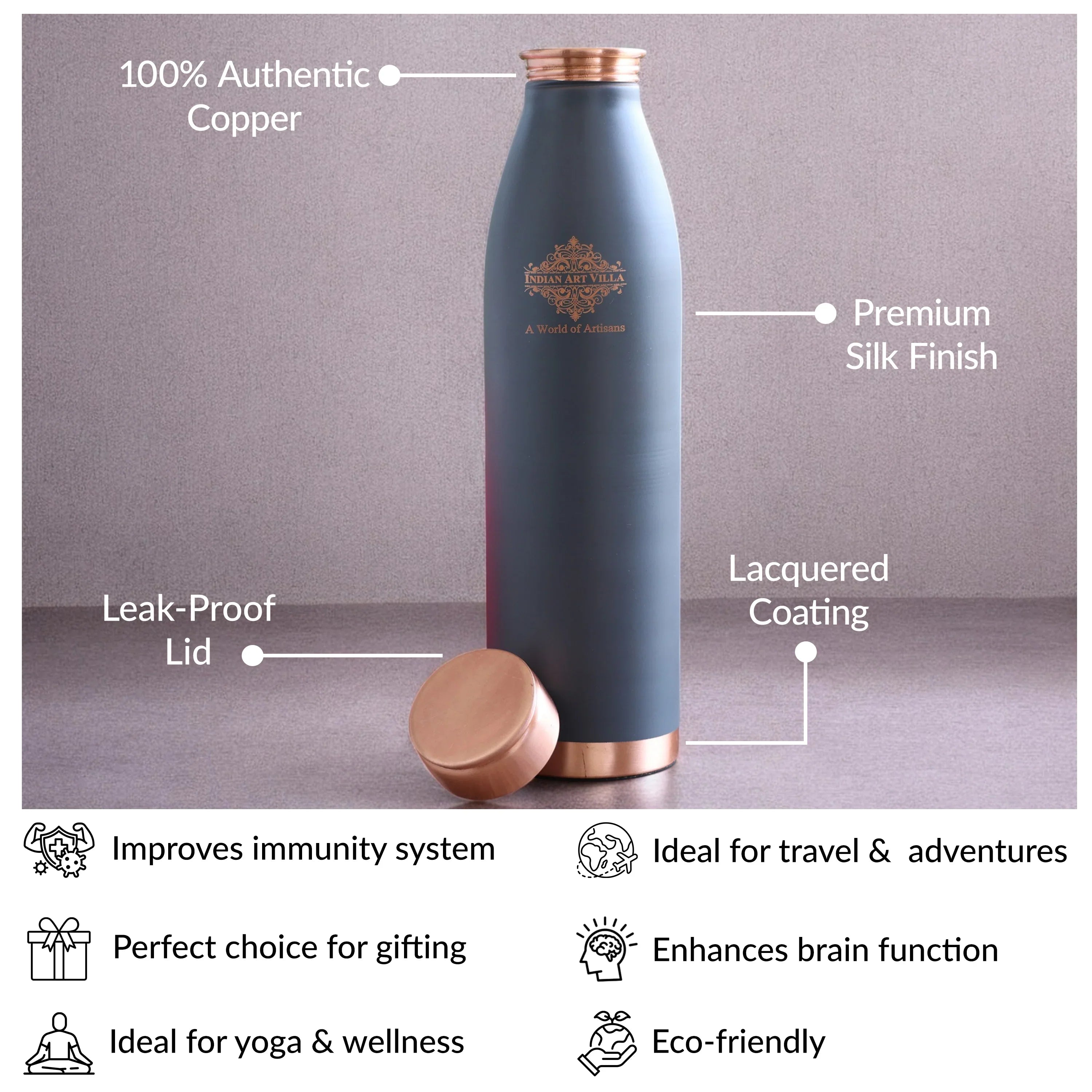 Pure Copper Bottle with Lacquer Coated Silk Finish Design, 900 ML