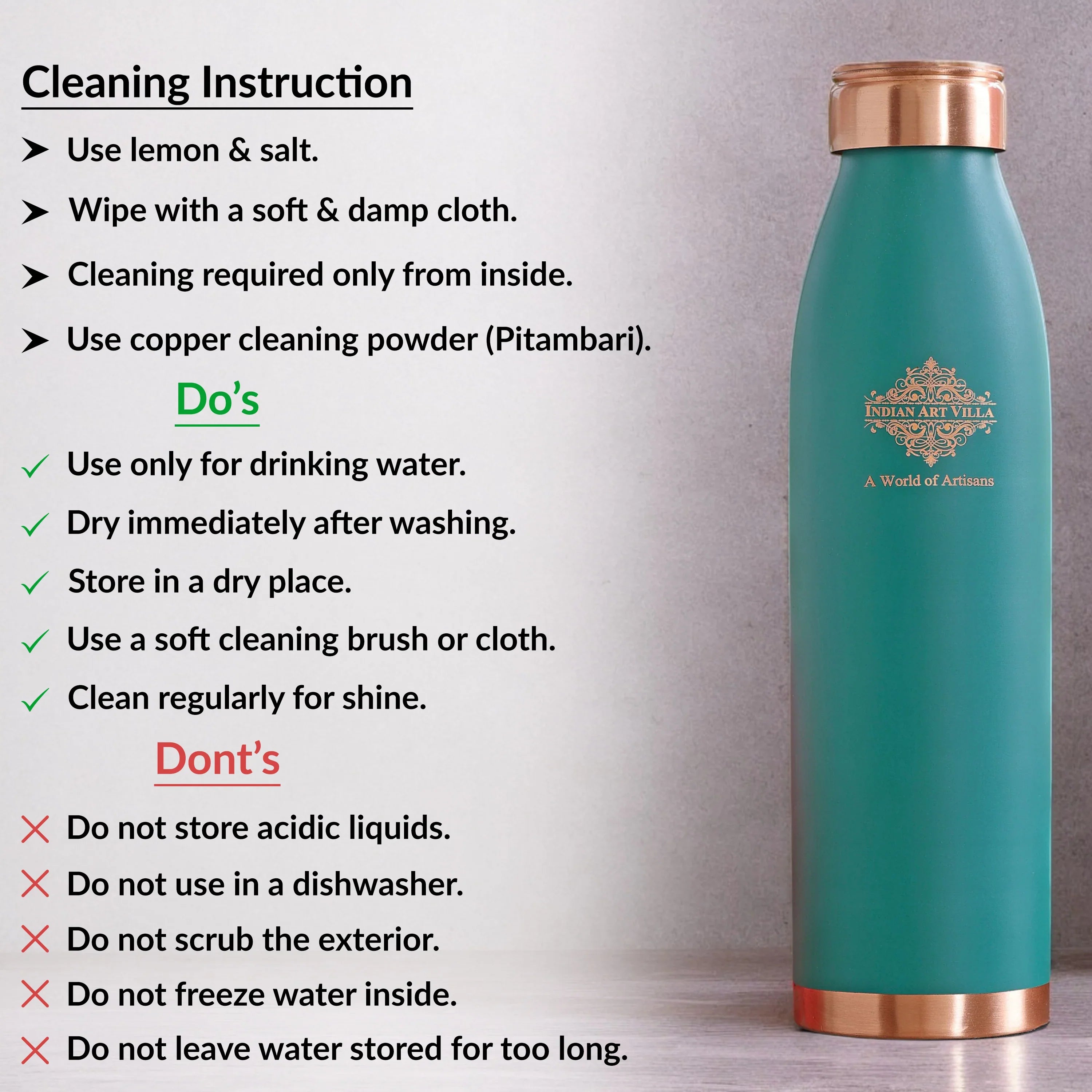 Pure Copper Bottle with Lacquer Coated Silk Finish Design, 900 ML