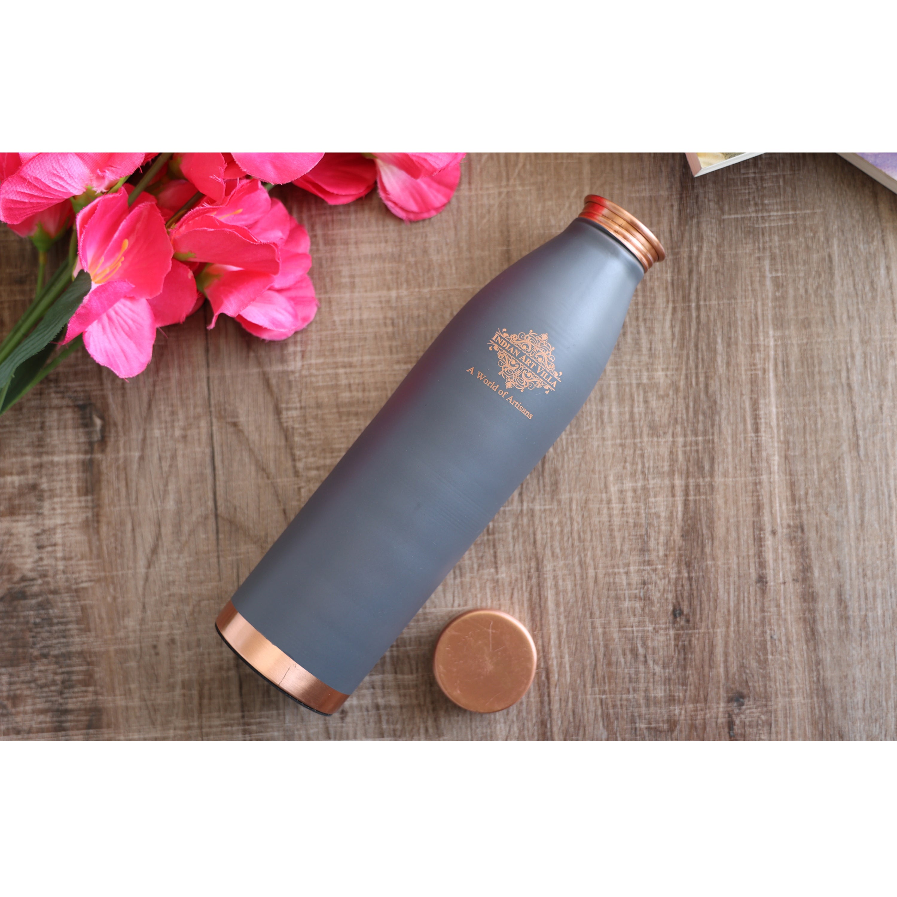 Pure Copper Bottle with Lacquer Coated Silk Finish Design, 900 ML