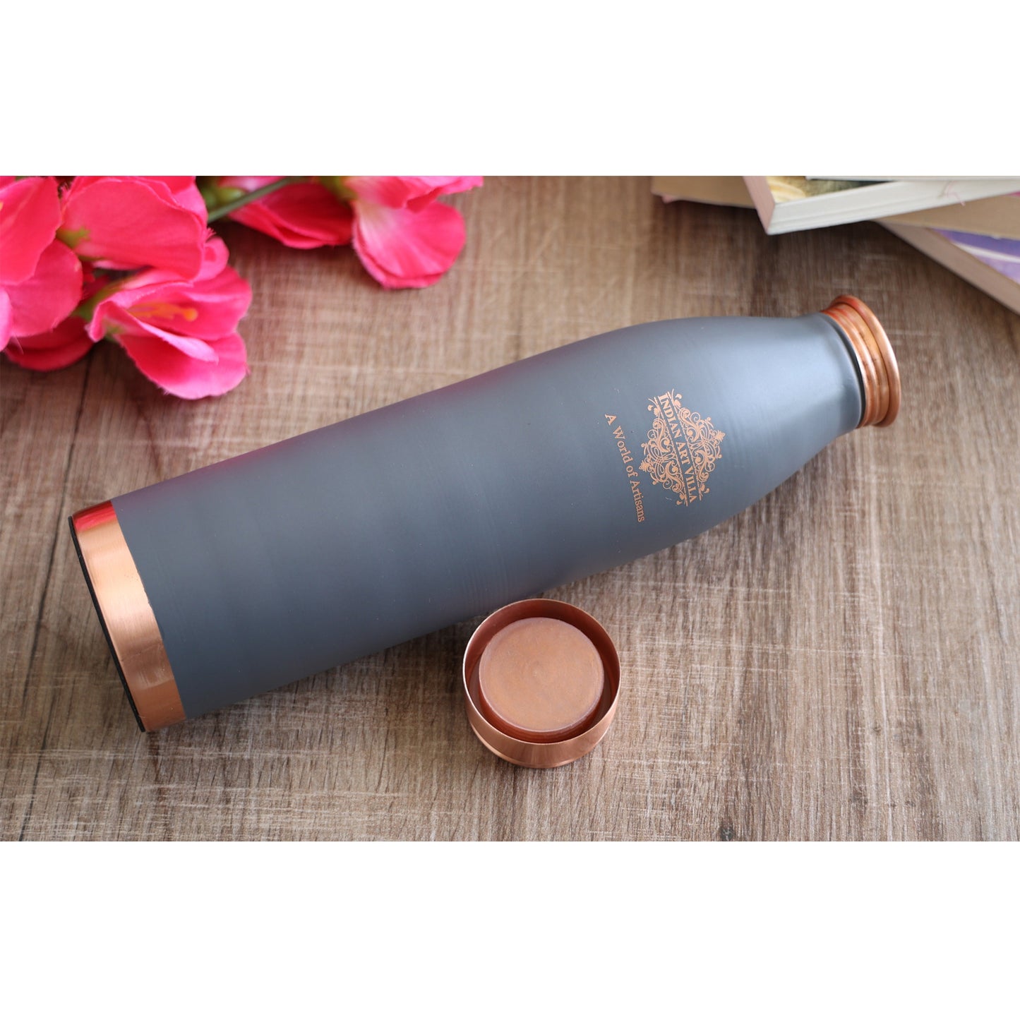 Pure Copper Bottle with Lacquer Coated Silk Finish Design, 900 ML
