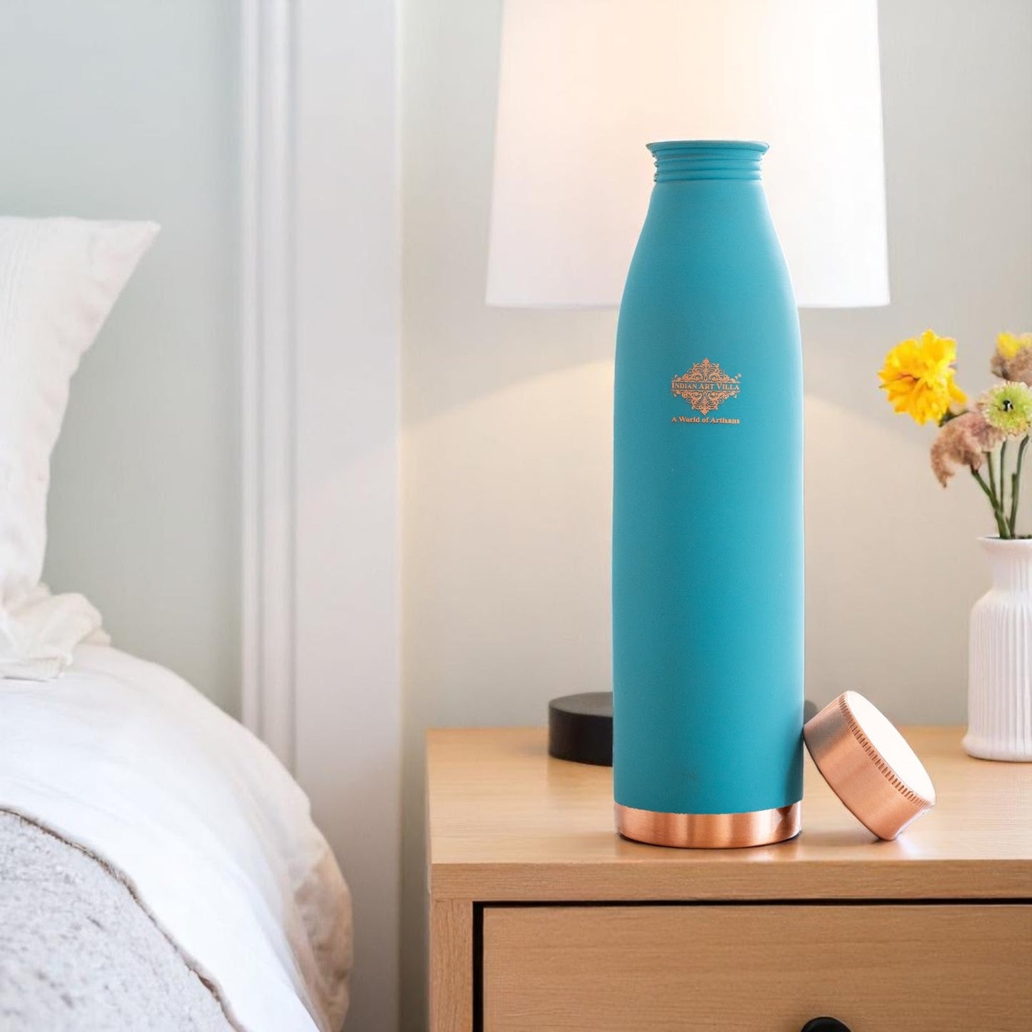 Pure Copper Bottle with Lacquer Coated Silk Finish Design, 900 ML