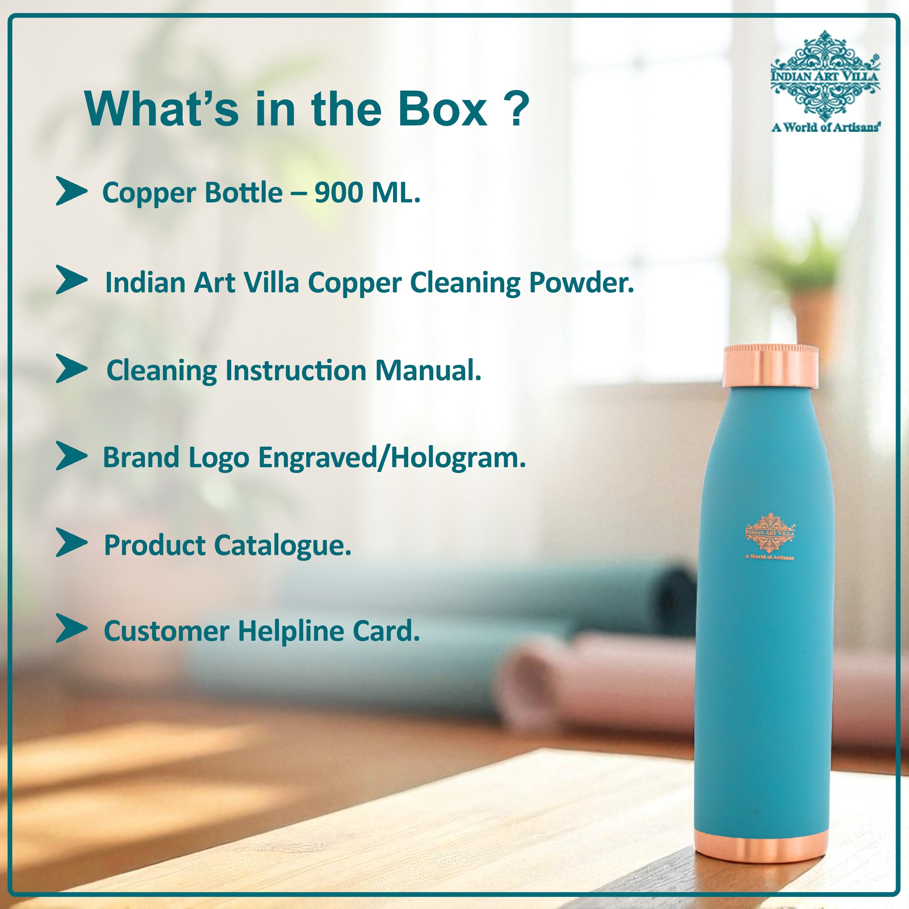 Pure Copper Bottle with Lacquer Coated Silk Finish Design, 900 ML