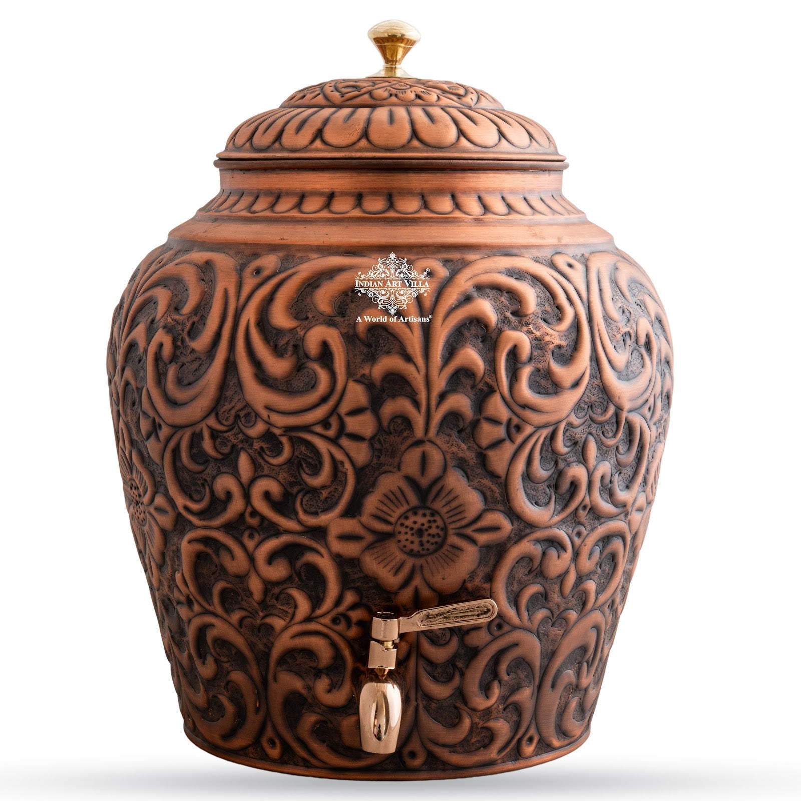 Pure Copper Water Pot, Embossed Design, Dispenser Pot Matka, Storage water, Gold