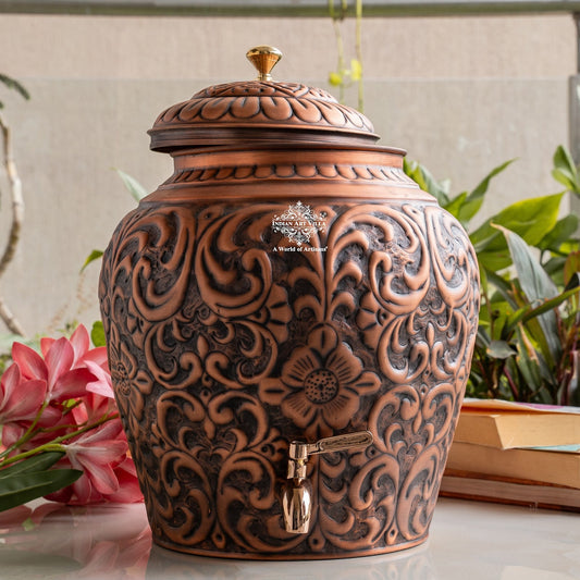 Pure Copper Water Pot, Embossed Design, Dispenser Pot Matka, Storage water, Gold