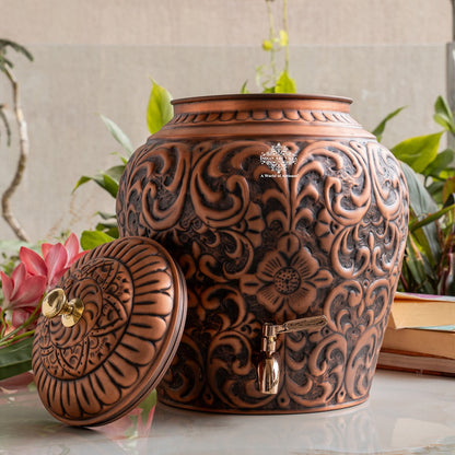 Pure Copper Water Pot, Embossed Design, Dispenser Pot Matka, Storage water, Gold