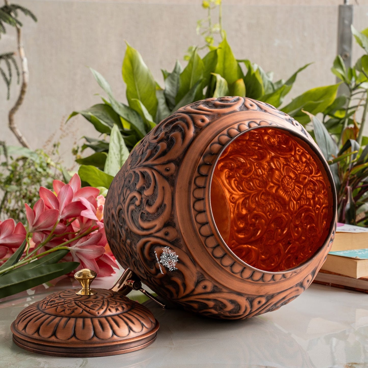 Pure Copper Water Pot, Embossed Design, Dispenser Pot Matka, Storage water, Gold