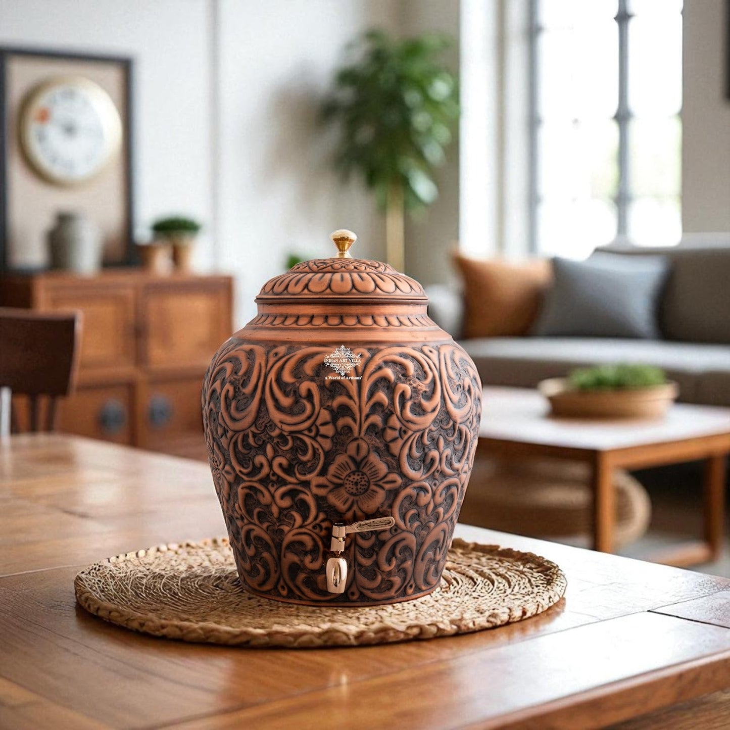 Pure Copper Water Pot, Embossed Design, Dispenser Pot Matka, Storage water, Gold