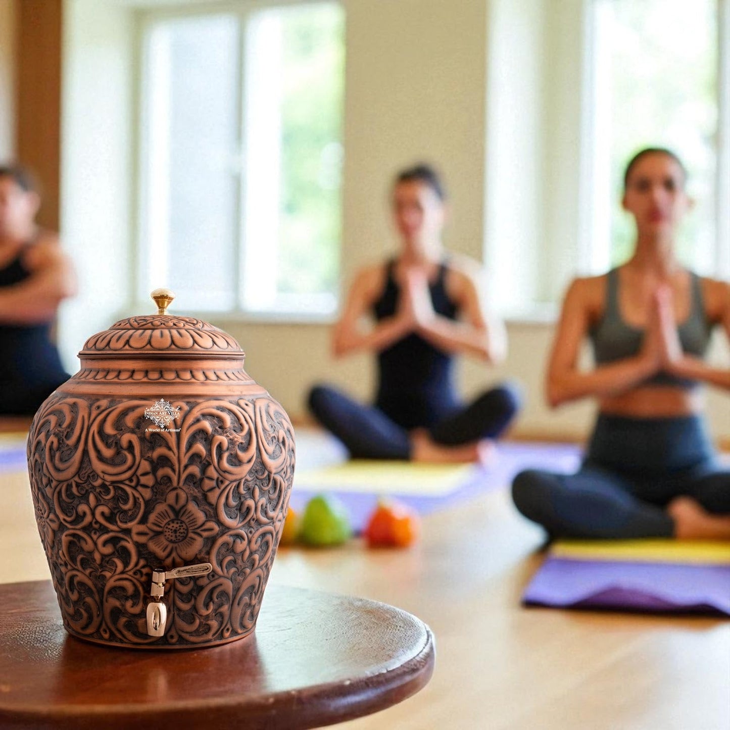 Pure Copper Water Pot, Embossed Design, Dispenser Pot Matka, Storage water, Gold