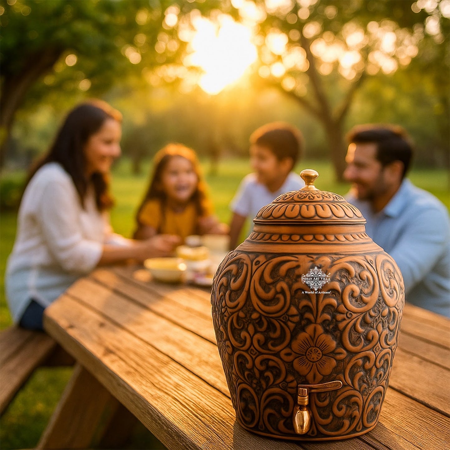 Pure Copper Water Pot, Embossed Design, Dispenser Pot Matka, Storage water, Gold