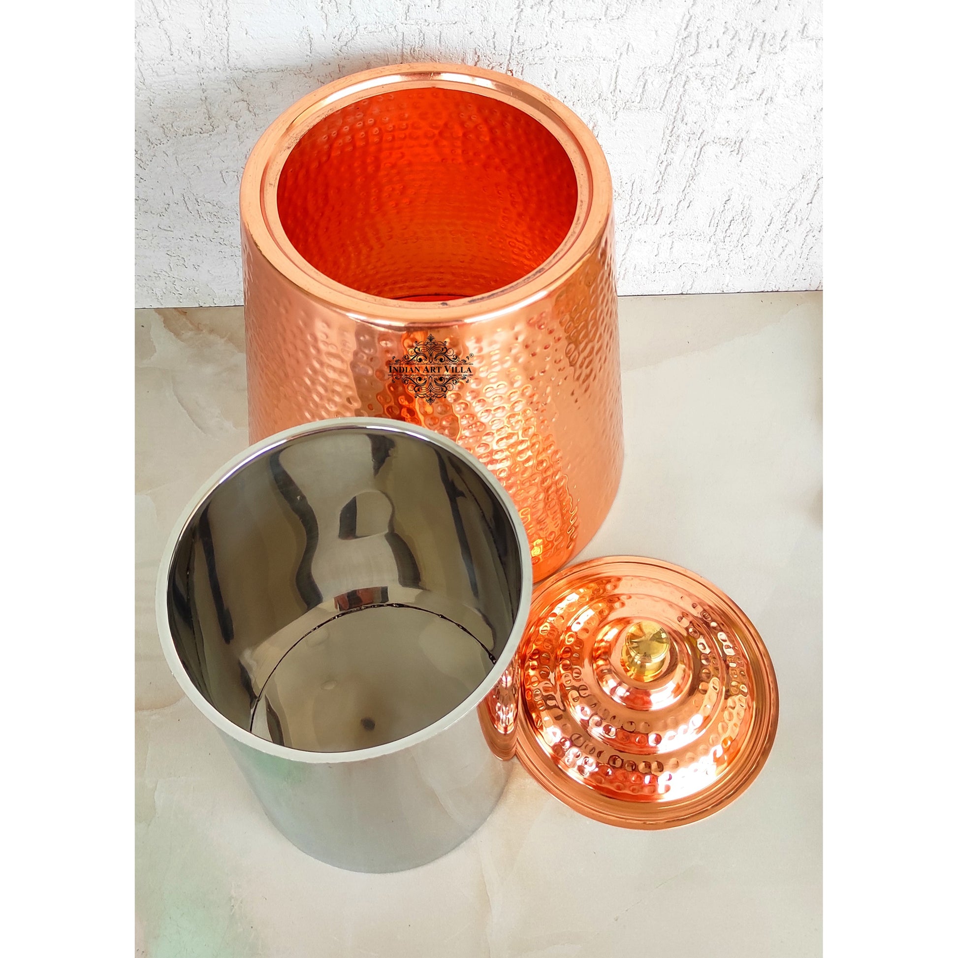 Pure Copper Hammered Design Double Wall Storage Box Container With Steel Tanki Inside, Storage Box for Home, Kitchen, Hotel & Restaurants, Volume-5 Ltr