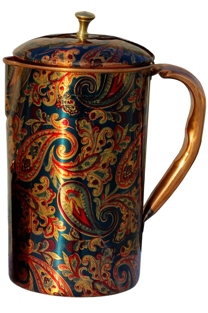 Pure Copper Jug Pitcher with Glass Set, Printed Design, Serving water