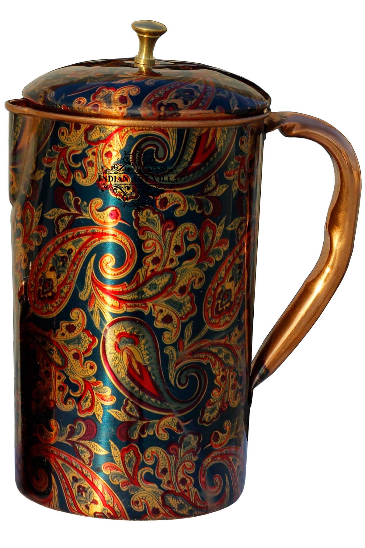 Pure Copper Paisley Printed Design Jug With Brass Knob on Lid
