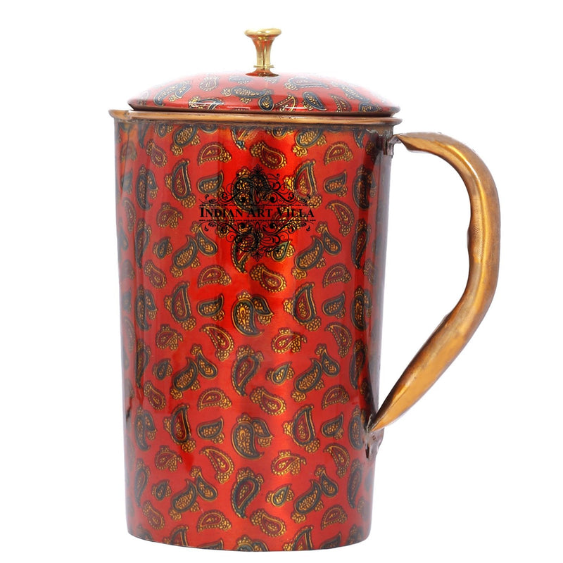 Pure Copper Paisley Printed Design Jug With Brass Knob on Lid