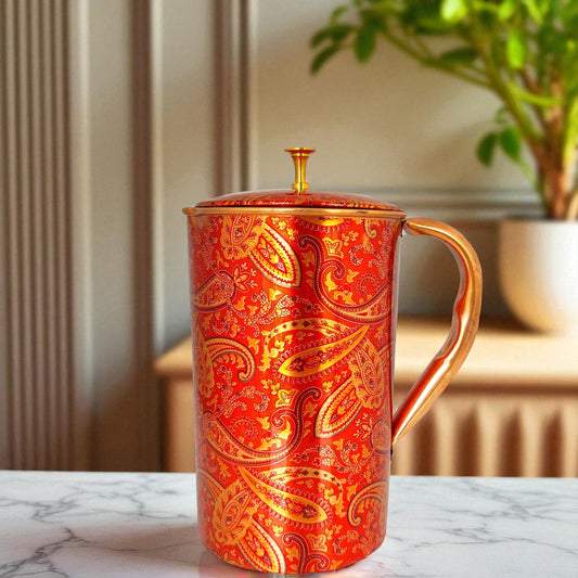 Pure Copper Paisley Printed Design Jug With Brass Knob on Lid