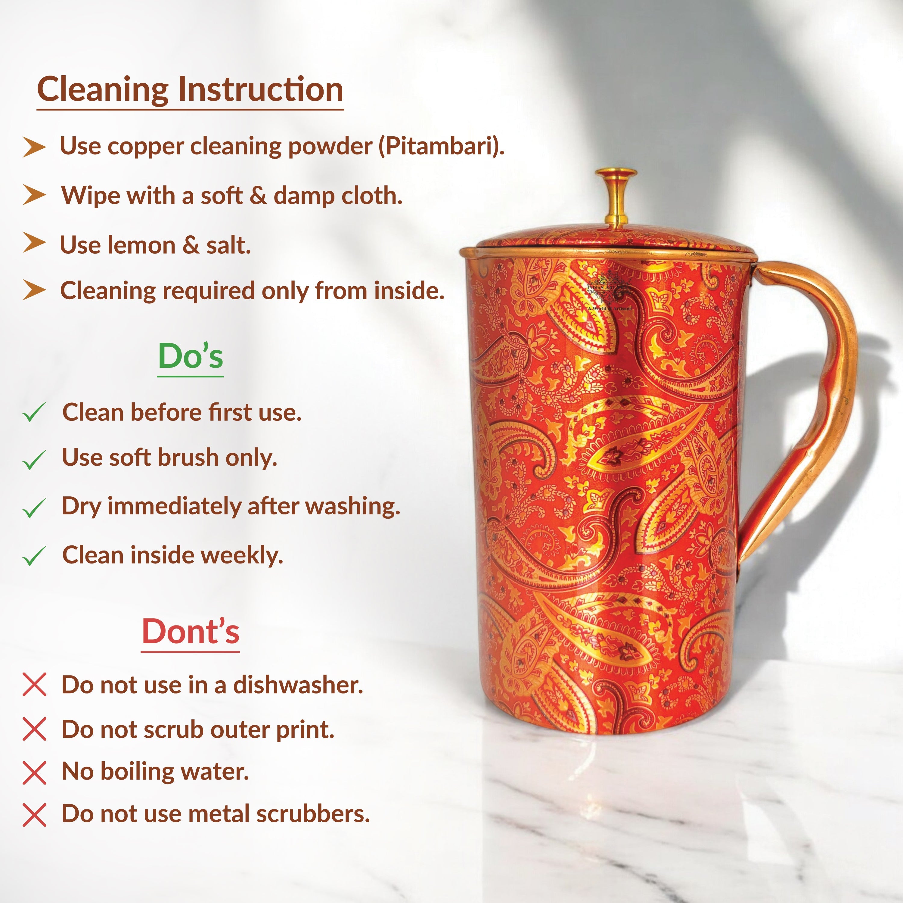 Pure Copper Paisley Printed Design Jug With Brass Knob on Lid