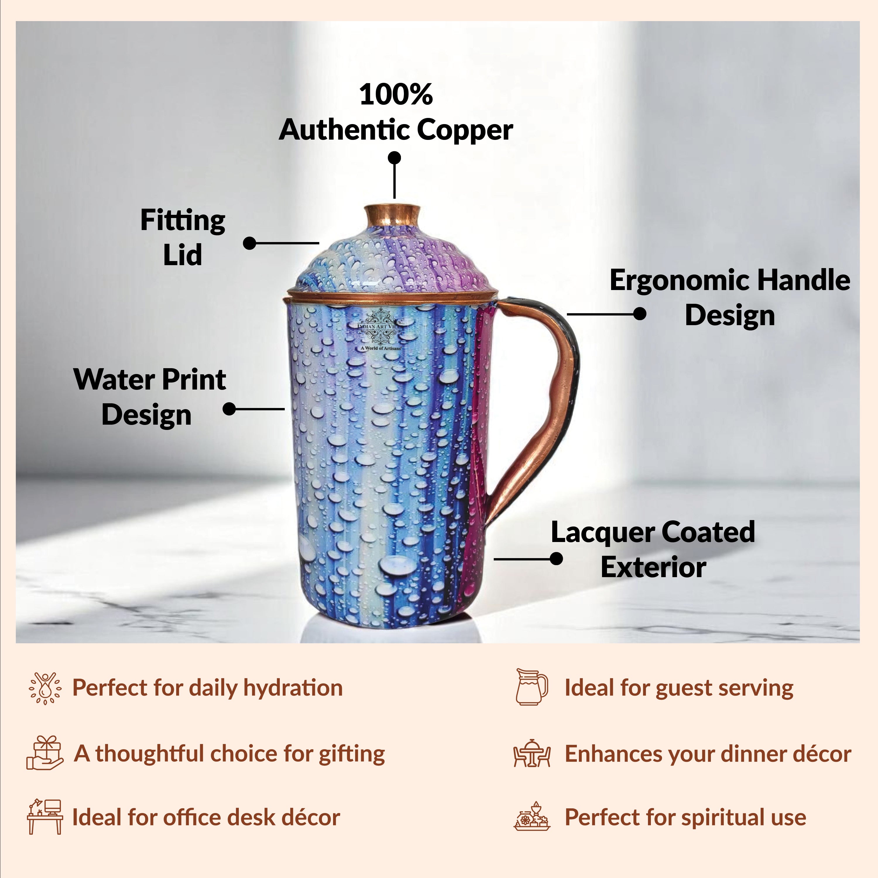 Pure Copper Multicolor Stone Pebble Printed Lacquer Coated Jugs, Pitchers Serveware, Drinkware