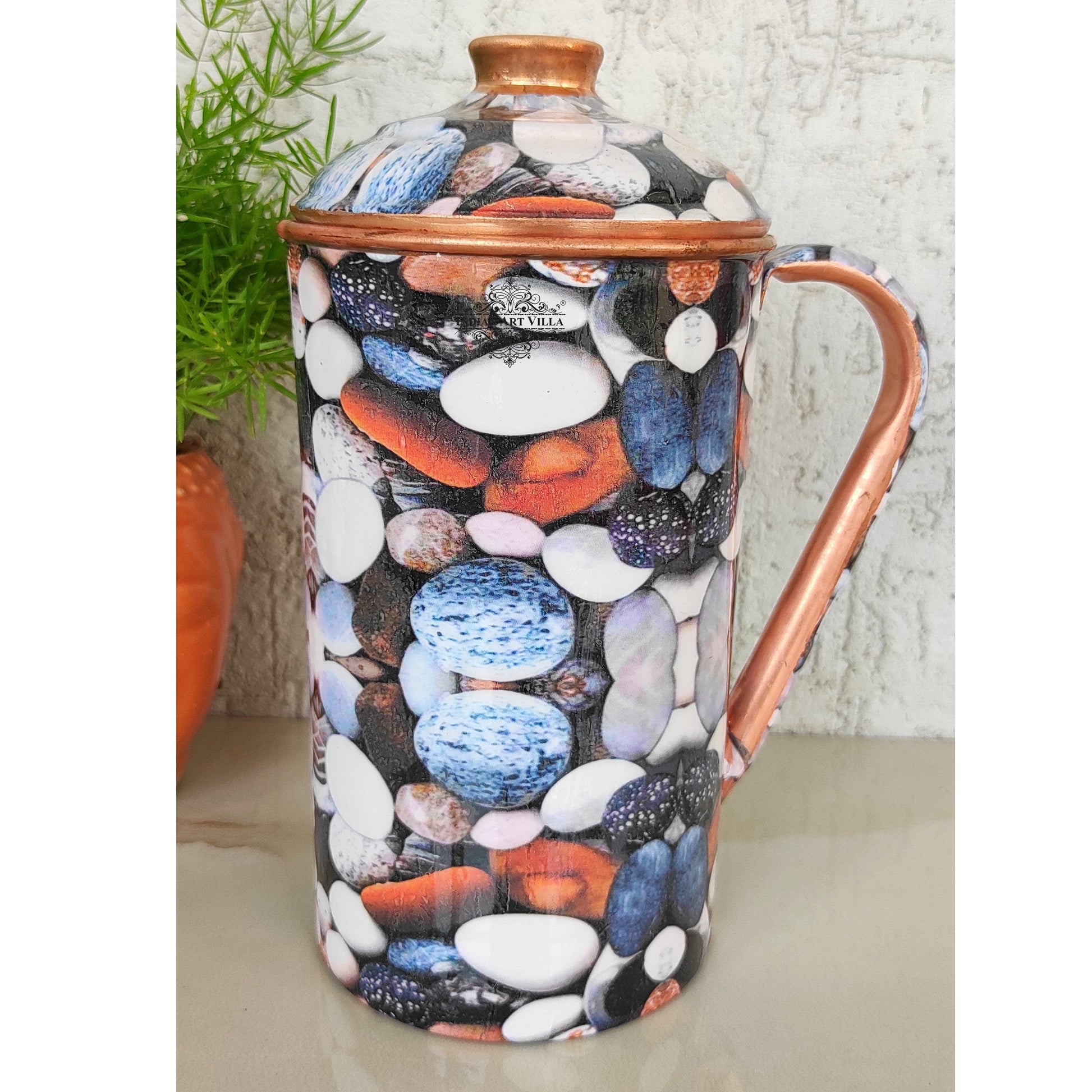 Pure Copper Multicolor Stone Pebble Printed Lacquer Coated Jugs, Pitchers Serveware, Drinkware