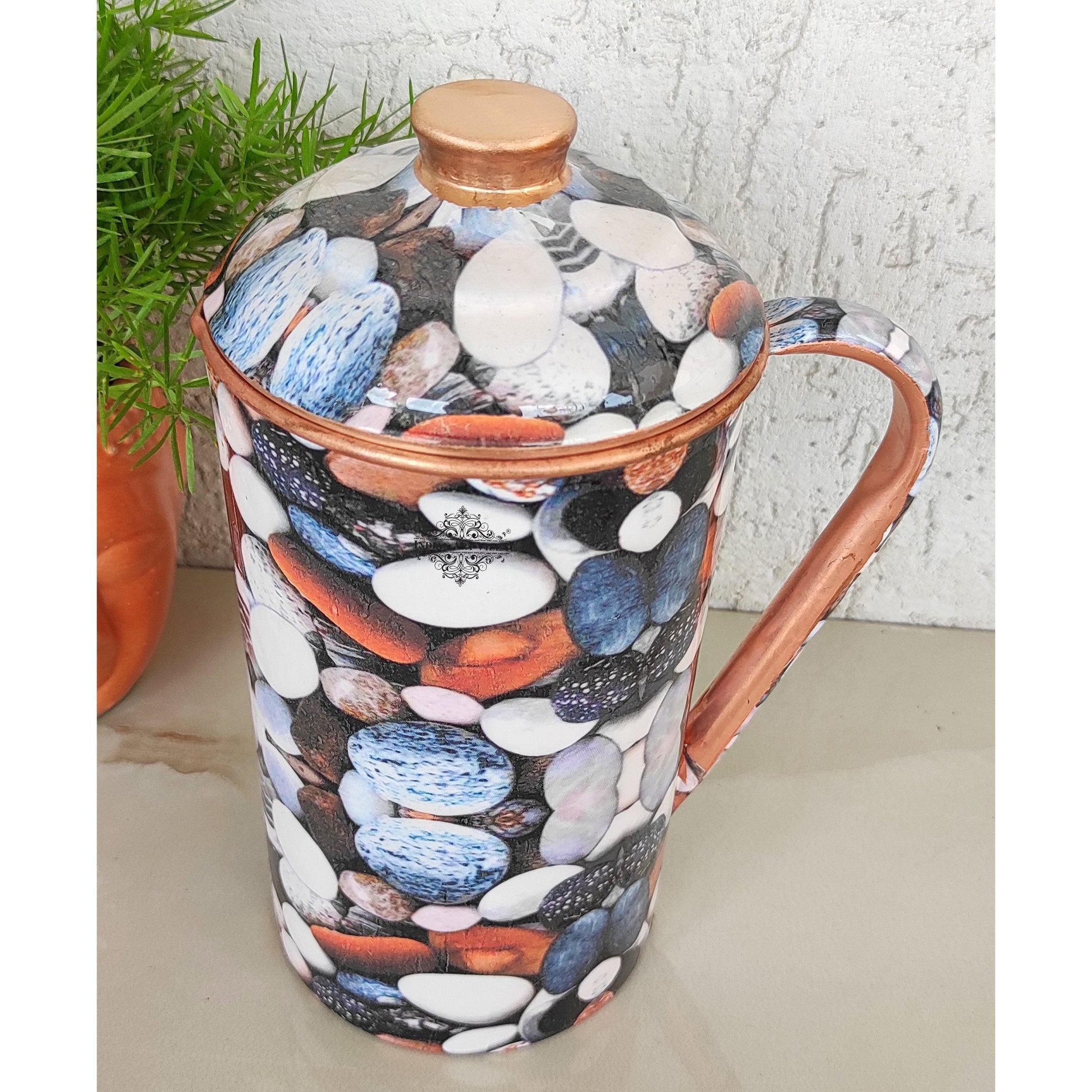Pure Copper Multicolor Stone Pebble Printed Lacquer Coated Jugs, Pitchers Serveware, Drinkware