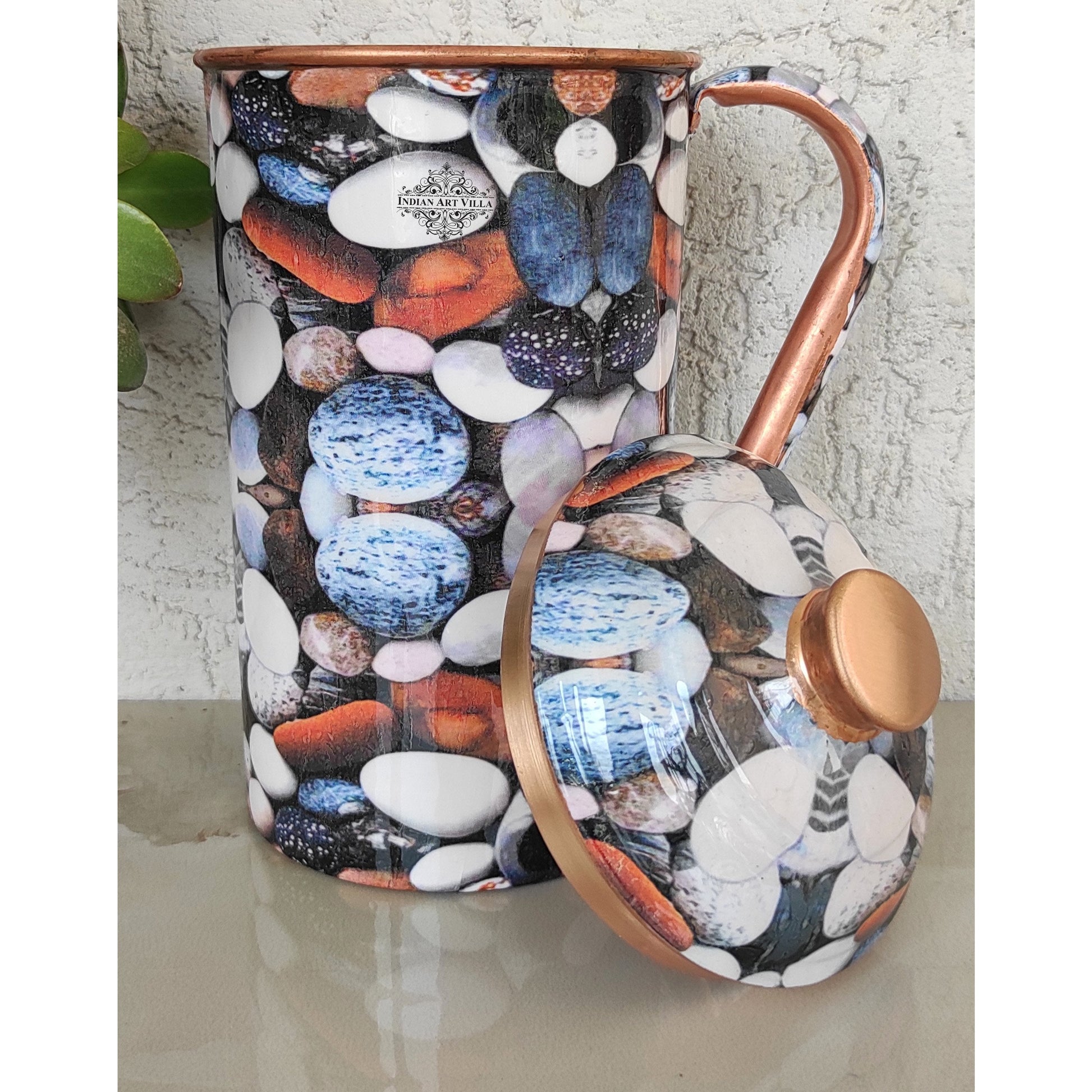 Pure Copper Multicolor Stone Pebble Printed Lacquer Coated Jugs, Pitchers Serveware, Drinkware