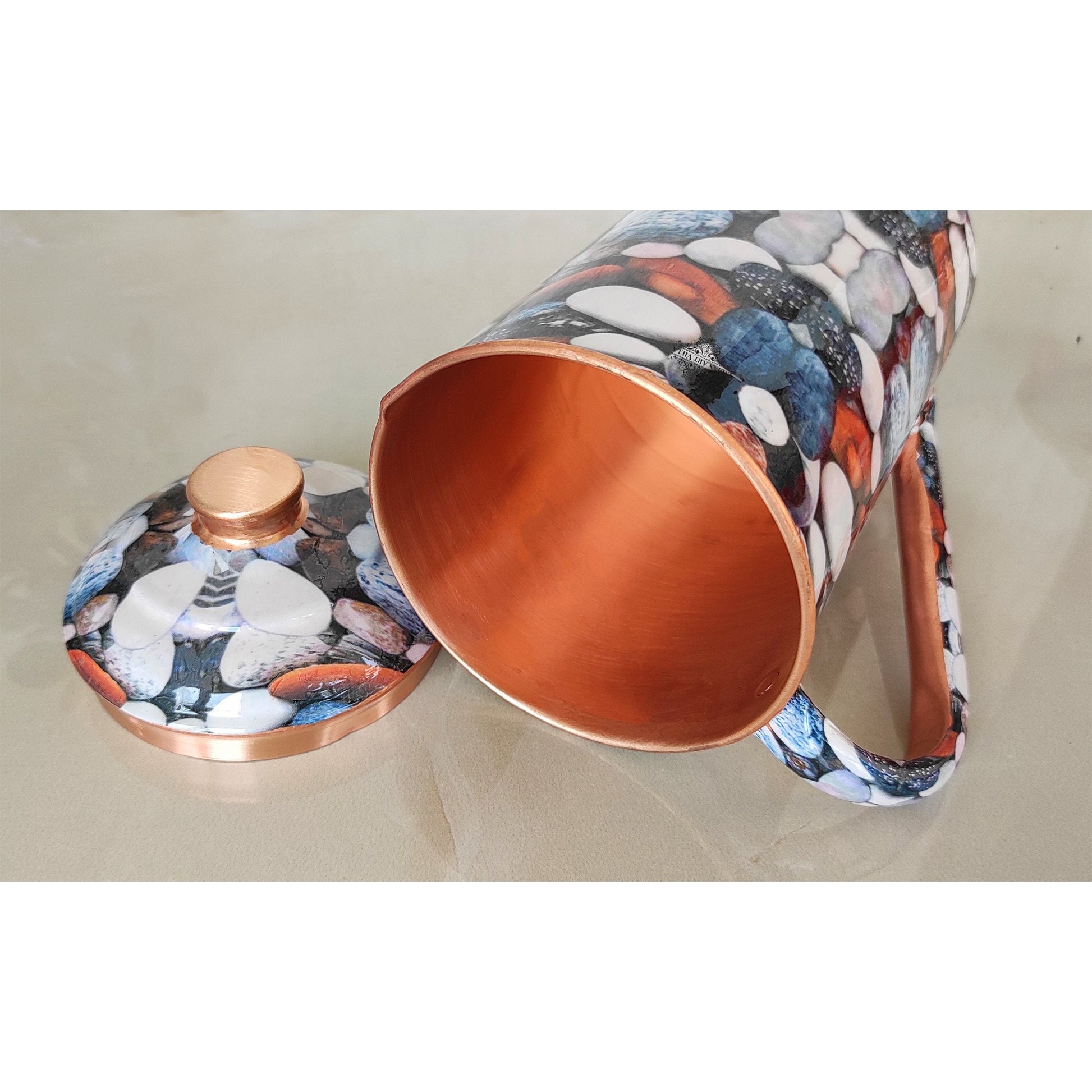 Pure Copper Multicolor Stone Pebble Printed Lacquer Coated Jugs, Pitchers Serveware, Drinkware