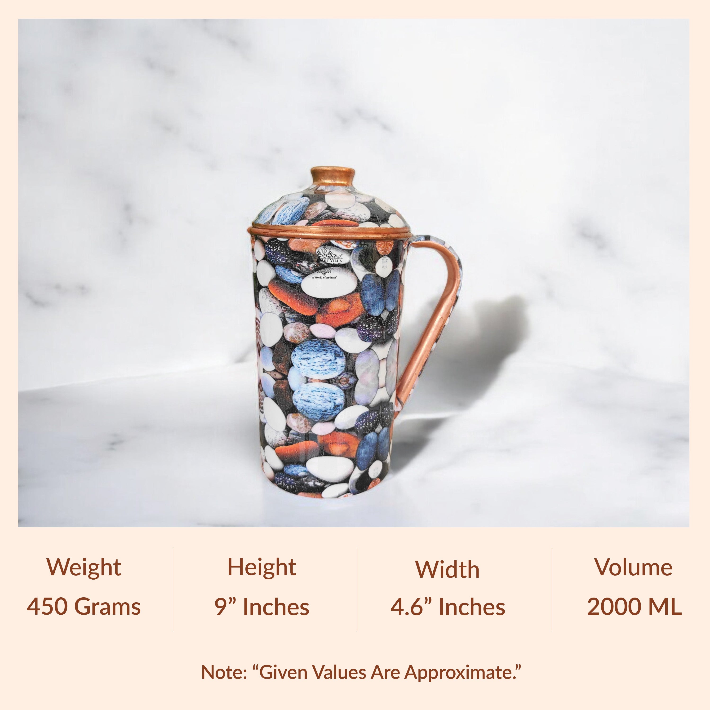 Pure Copper Multicolor Stone Pebble Printed Lacquer Coated Jugs, Pitchers Serveware, Drinkware