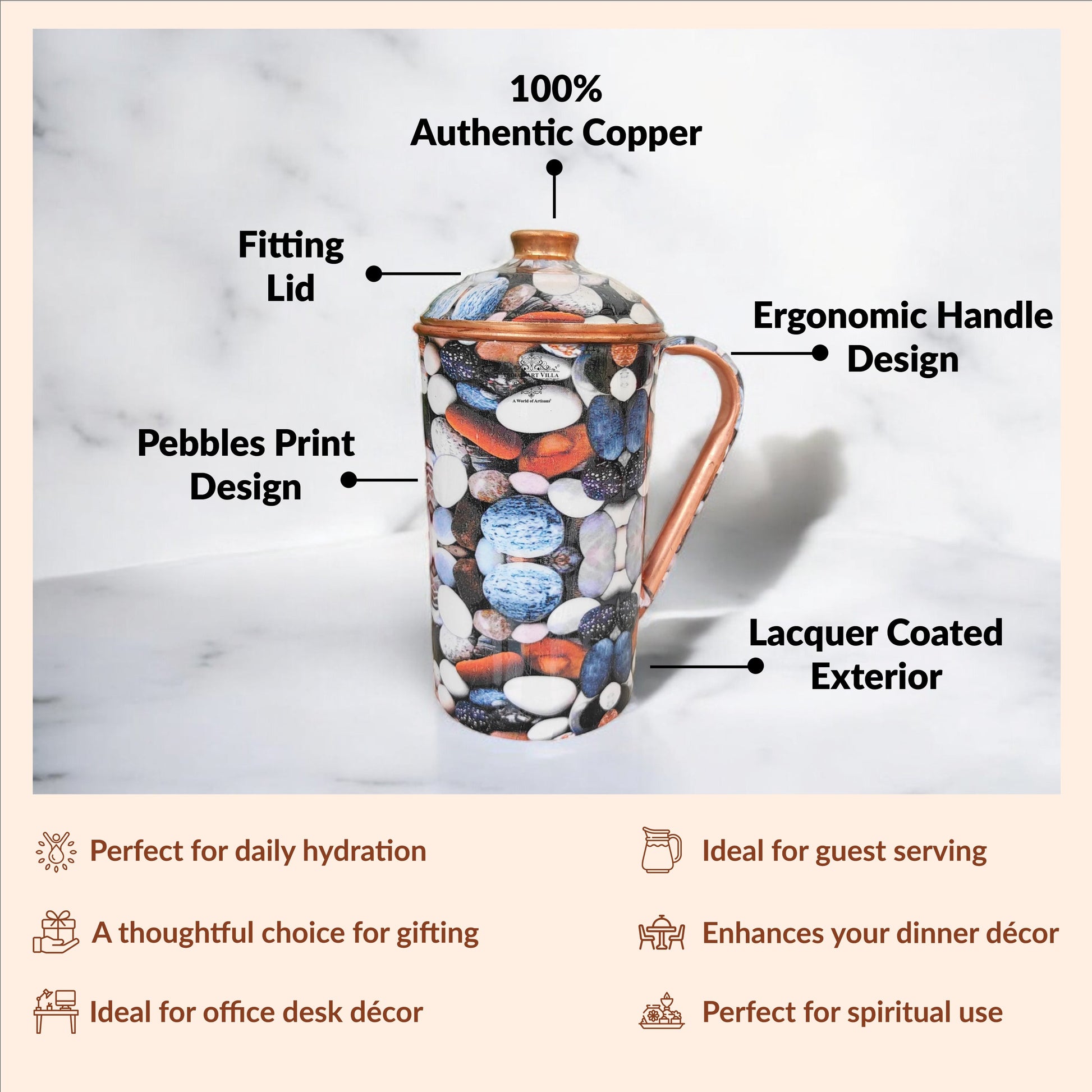Pure Copper Multicolor Stone Pebble Printed Lacquer Coated Jugs, Pitchers Serveware, Drinkware