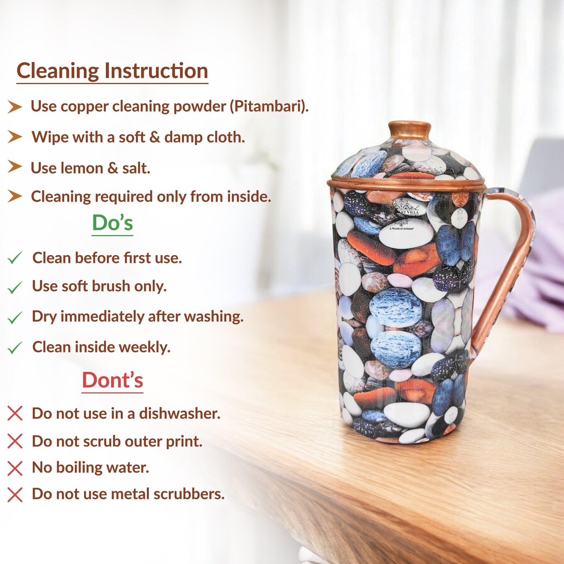 Pure Copper Multicolor Stone Pebble Printed Lacquer Coated Jugs, Pitchers Serveware, Drinkware