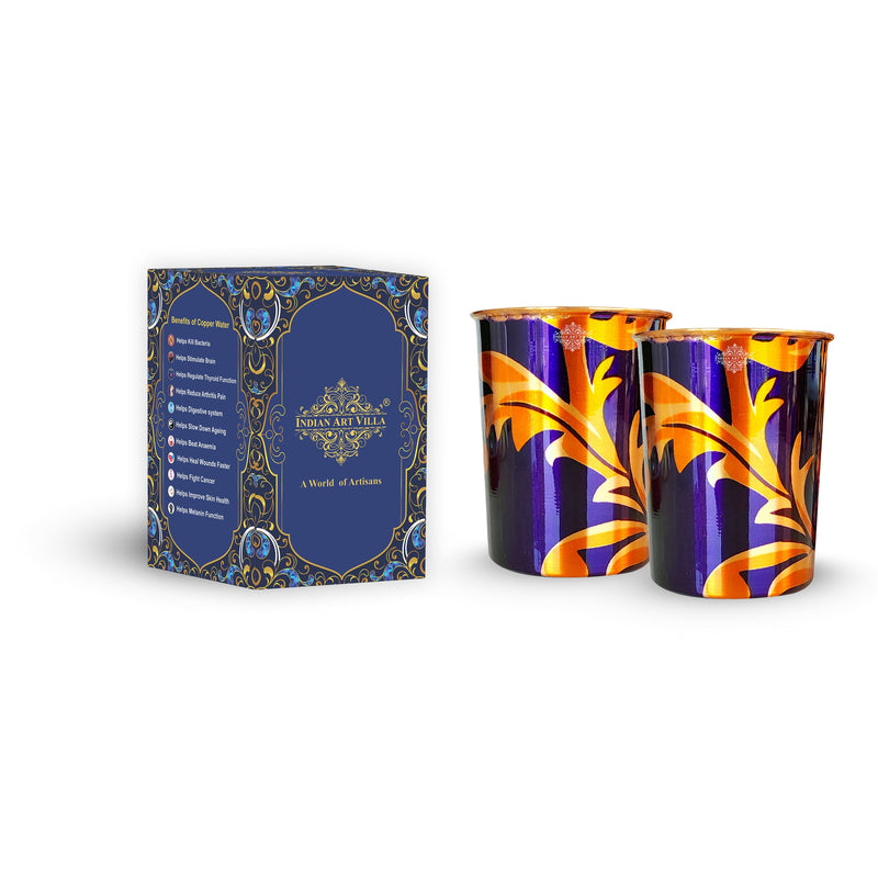Pure Copper Printed Glass with Leaf Print , Serveware & Drinkware, Beneficial for Health, Volume-300 ML