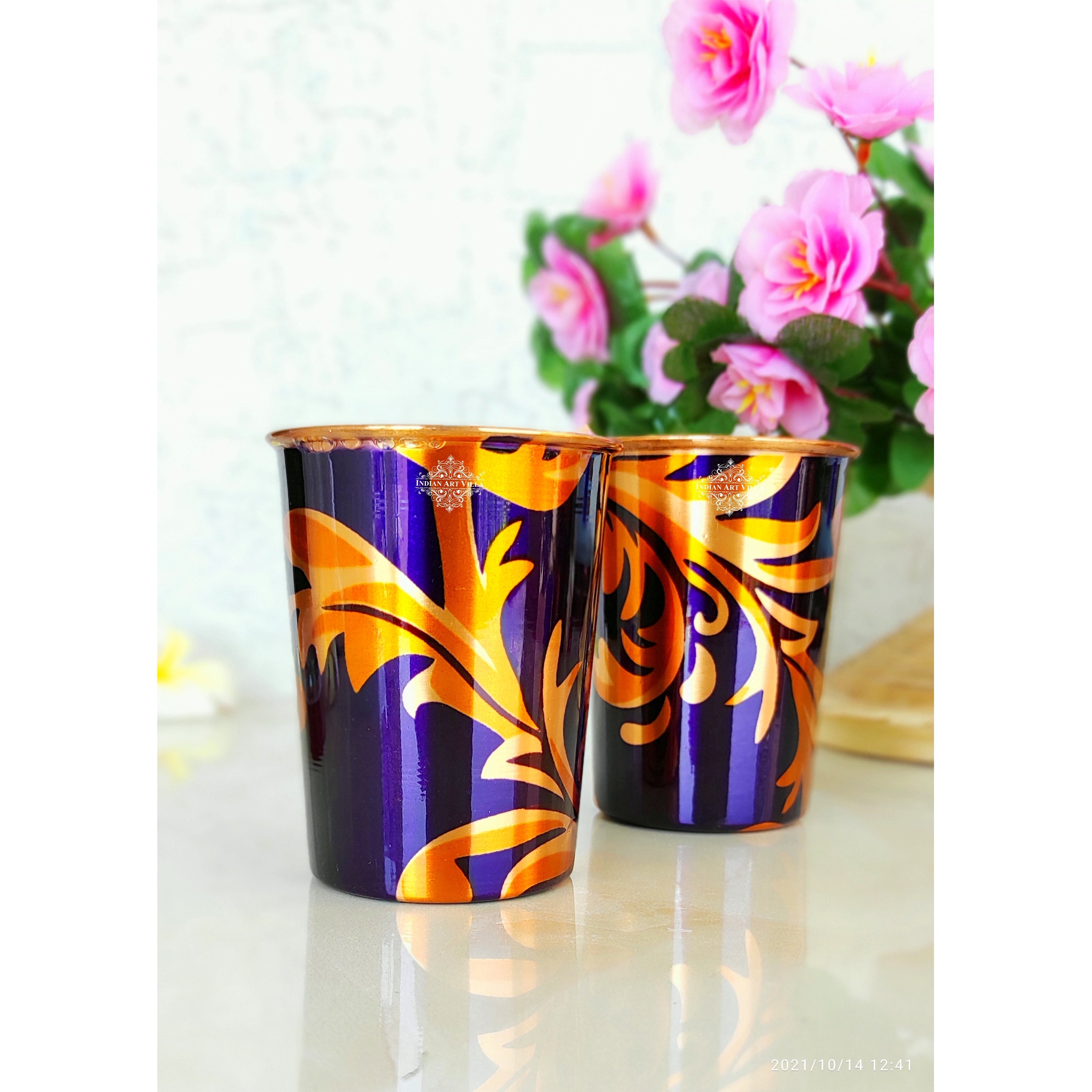 Pure Copper Printed Glass with Leaf Print , Serveware & Drinkware, Beneficial for Health, Volume-300 ML