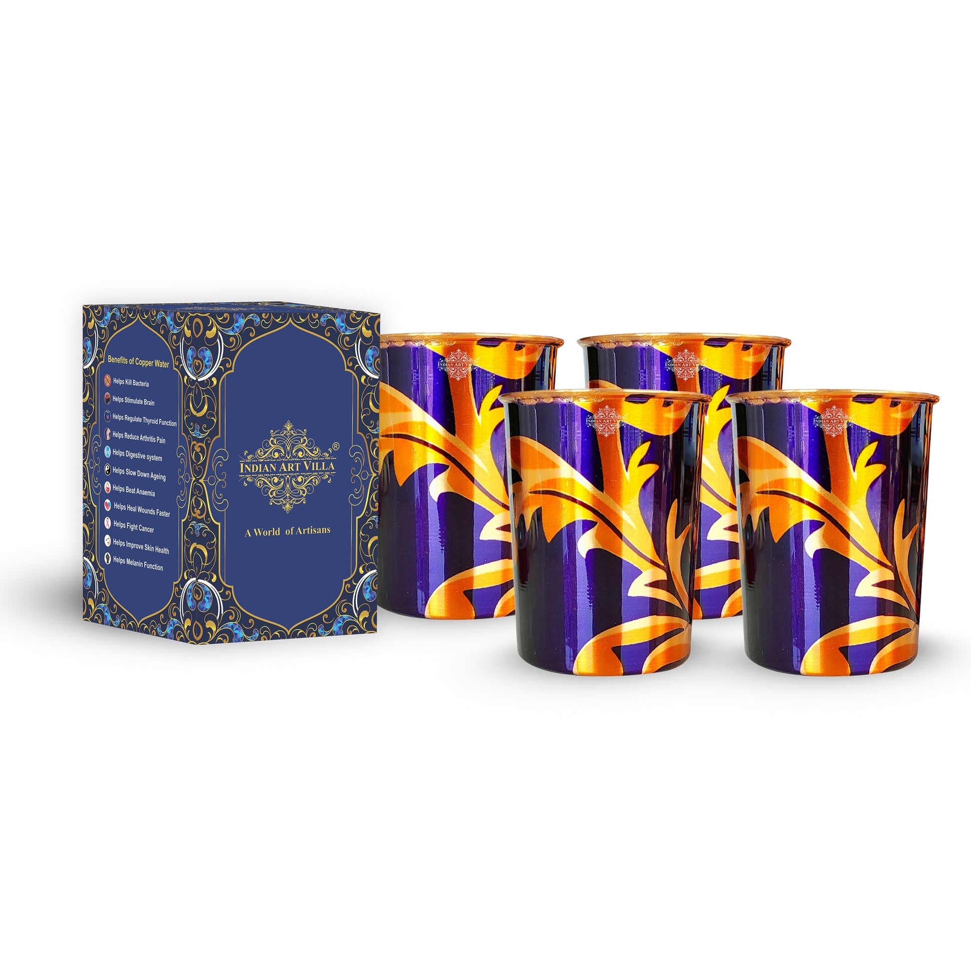 Pure Copper Printed Glass with Leaf Print , Serveware & Drinkware, Beneficial for Health, Volume-300 ML